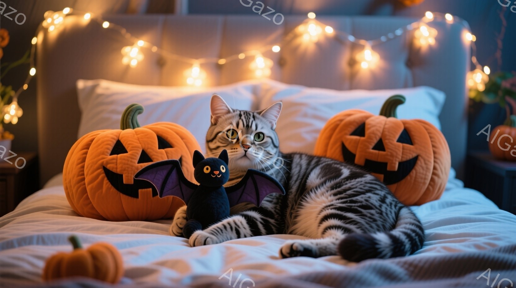 白と灰色の縞模様の猫が、ハロウィーンのオレンジ色のカボチャのクッションと黒いコウモリのぬいぐるみと一緒にベッドに横たわっています。猫はリラックスした表情で、お腹を上にしてくつろいでおり、周囲にはハロウ - AI生成フリー素材