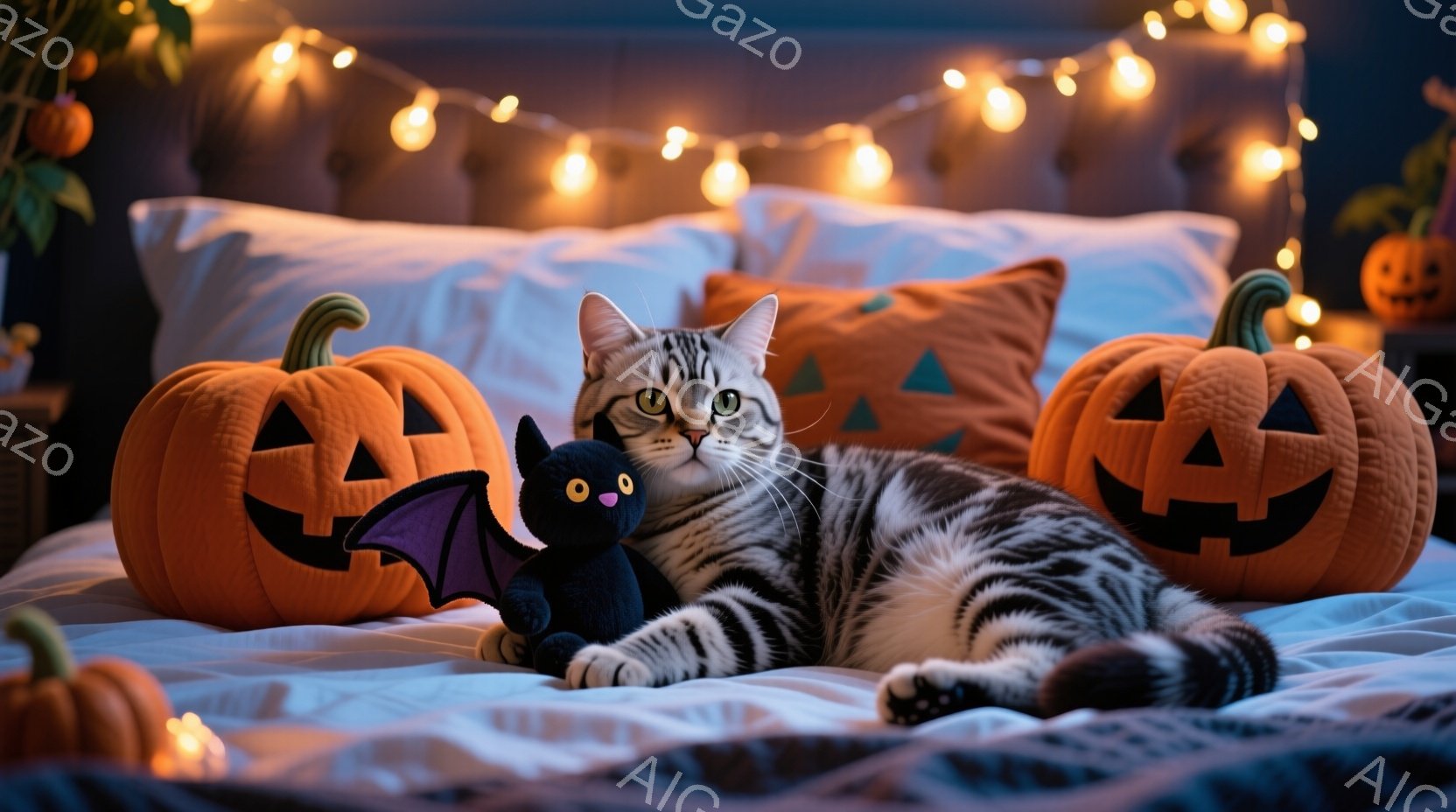 白と黒の縞模様の猫が、ハロウィーンの装飾がされたベッドの上に横たわっています。猫はリラックスした様子で、黒いコウモリのぬいぐるみとオレンジ色のジャックオーランタンに囲まれており、背景にはさらに小さなカボチャが飾られています。全体的に暖色系の照明が施され、秋のハロウィーンの落ち着いた雰囲気を醸し出しています。