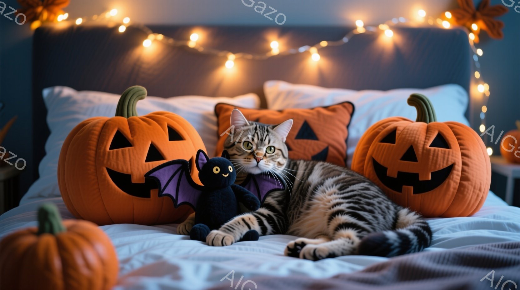 ベッドの上に、縞模様の猫が横たわっており、ハロウィーンの飾り付けに囲まれています。猫はリラックスした様子で、黒いコウモリのぬいぐるみに寄りかかり、オレンジ色のジャック・オ・ランタンのクッションに囲まれ - AI生成フリー素材