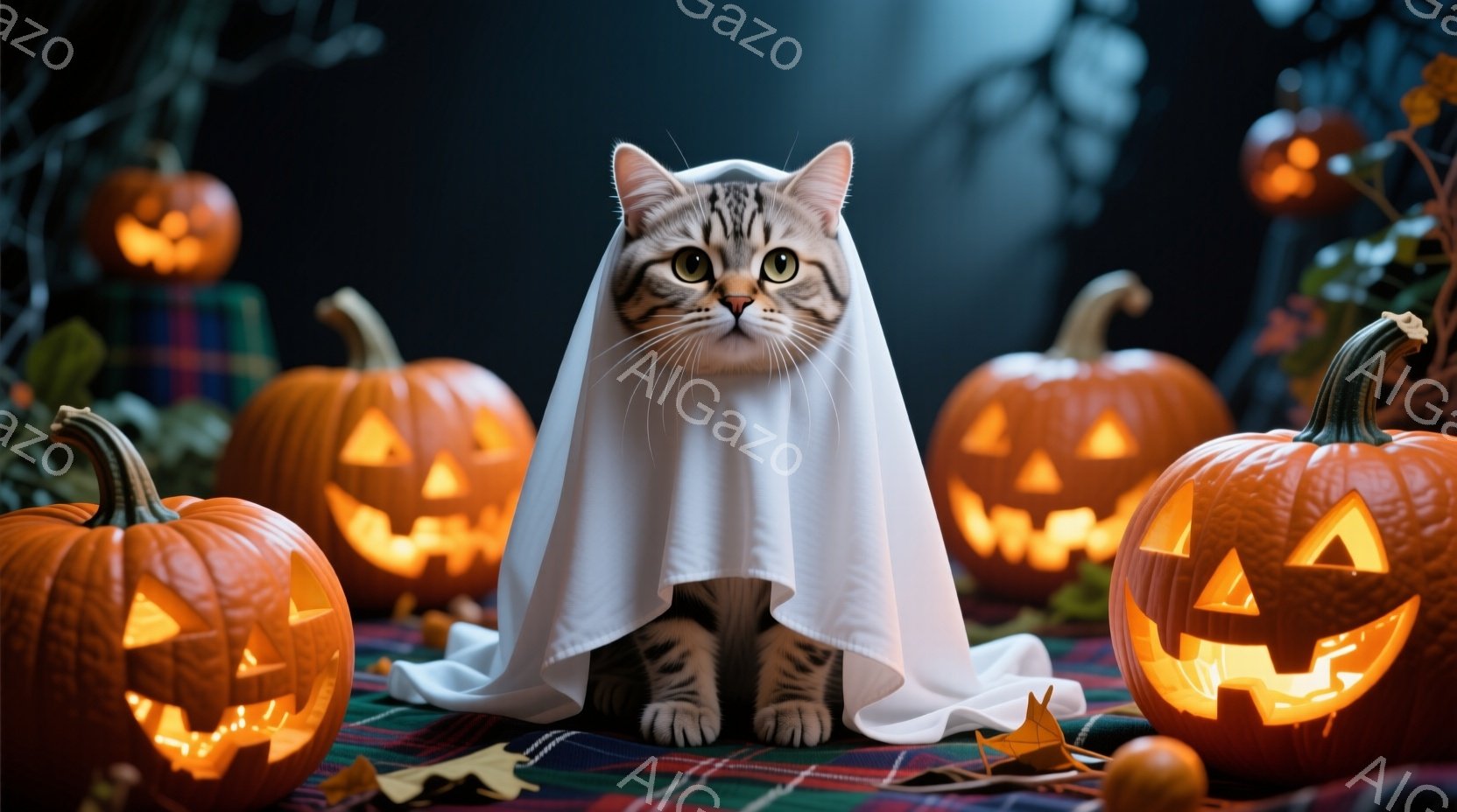 ハロウィーンの装飾に囲まれた、縞模様の猫が白い布をまとい、こちらを見つめています。猫はリラックスした姿勢で座り、好奇心と少しの警戒心を込めた表情をしています。背景には、様々な大きさのジャック・オー・ラ - AI生成フリー素材