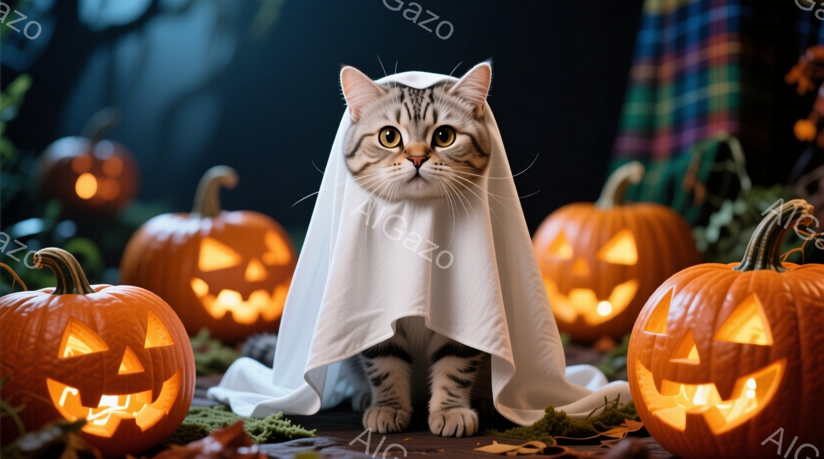 縞模様の猫が白い布を被り、ハロウィーンの装いをしている。周りにはジャック・オー・ランタンが並び、背景には緑色の植物と暗い布が見え、ハロウィーンの夜の雰囲気を醸し出している。猫は正面をまっすぐ見ており、 - AI生成フリー素材