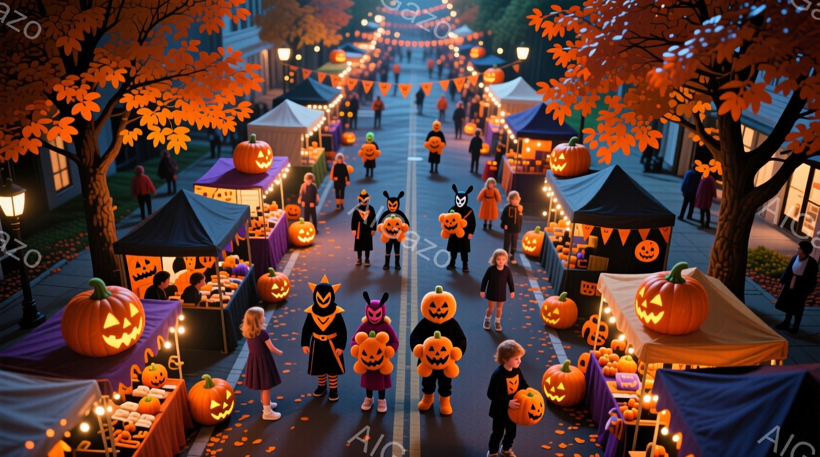 ハロウィーンの夜の賑やかな通りが描かれています。子どもたちは様々なハロウィーンの仮装をしており、カボチャの形をしたお菓子を入れた袋を持って楽しそうに歩いています。背景には、カボチャのランタンで飾られた - AI生成フリー素材