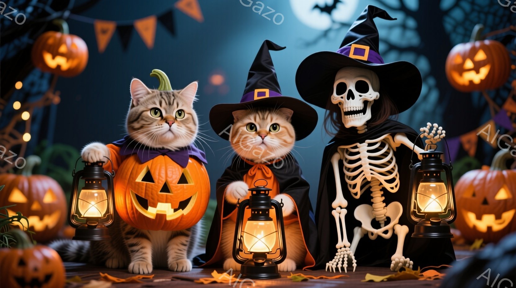 ハロウィーンをテーマにした画像で、2匹の猫と骸骨が描かれています。片方の猫はカボチャの衣装を着て提灯を持ち、もう片方の猫は魔女の帽子とマントを身につけて提灯を持っています。背景には、提灯、カボチャ、そ - AI生成フリー素材
