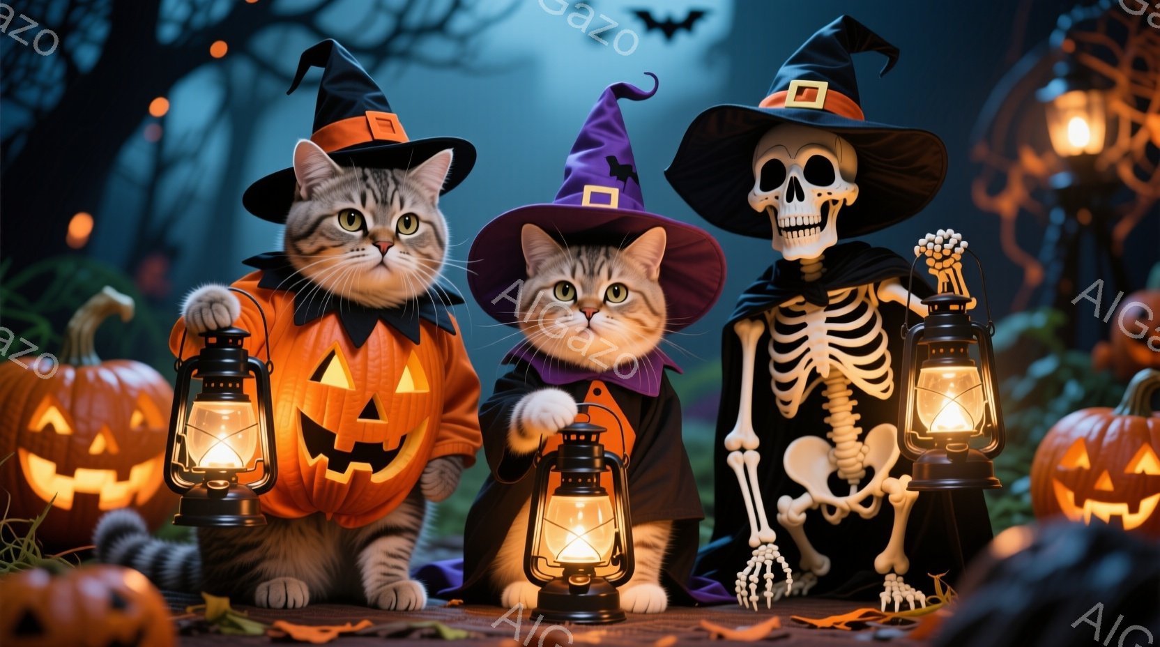 三匹の猫と骸骨がハロウィーンの装飾に囲まれて立っている。オレンジ色の猫はカボチャの衣装を着て、白い猫は魔女の衣装を着ており、骸骨は黒いマントを羽織っている。背景には、葉が落ちた木々と、ぼんやりとした夜 - AI生成フリー素材