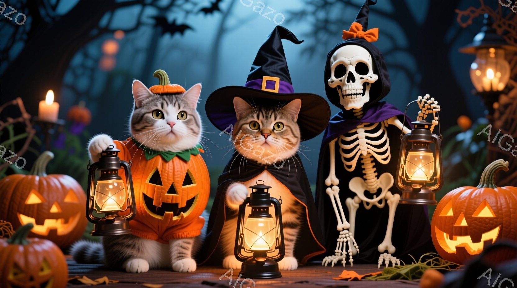 ハロウィンテーマの写真で、様々な要素が用意されています。中央には人間と猫が座っており、人間は黒の魔法使いの格好をしており、猫は白と黒の「妖精」のような装束をつけられています。 構成の全体像としては、この奇妙な幽霊の家で、魔法使いと妖精がハロウィンを祝うような雰囲気を持ちます。人間と猫は表情やポーズによって、それぞれのキャラクターの性質を演じているようです。