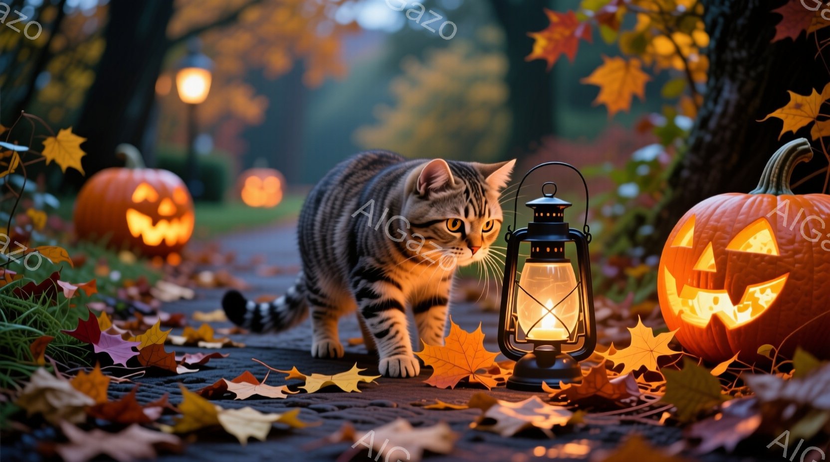 茶色と黒の縞模様の猫が、落ち葉が散らばる石畳の道を歩いている。両脇にはジャック・オ・ランタンが置かれ、中央には灯りがともったランタンが置かれている。背景には木々が見え、ハロウィーンの夜を思わせる、暖かく神秘的な雰囲気が漂っている。