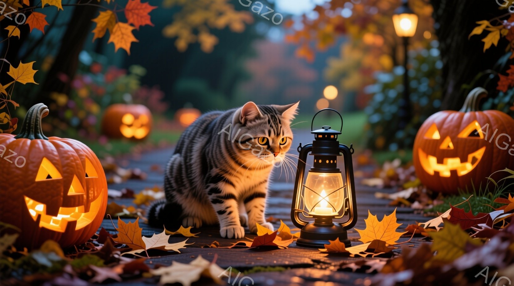 縞模様の猫が、ハロウィーンのくり抜かれたカボチャと灯りが灯ったランタンに囲まれた木製の道に座っています。背景には、ぼやけた光の中で他のカボチャが並び、落ち葉が舞い散る秋の夜の穏やかな雰囲気を醸し出しています。猫は何かを見つめており、暖かく幻想的な光が全体を包み込んでいます。