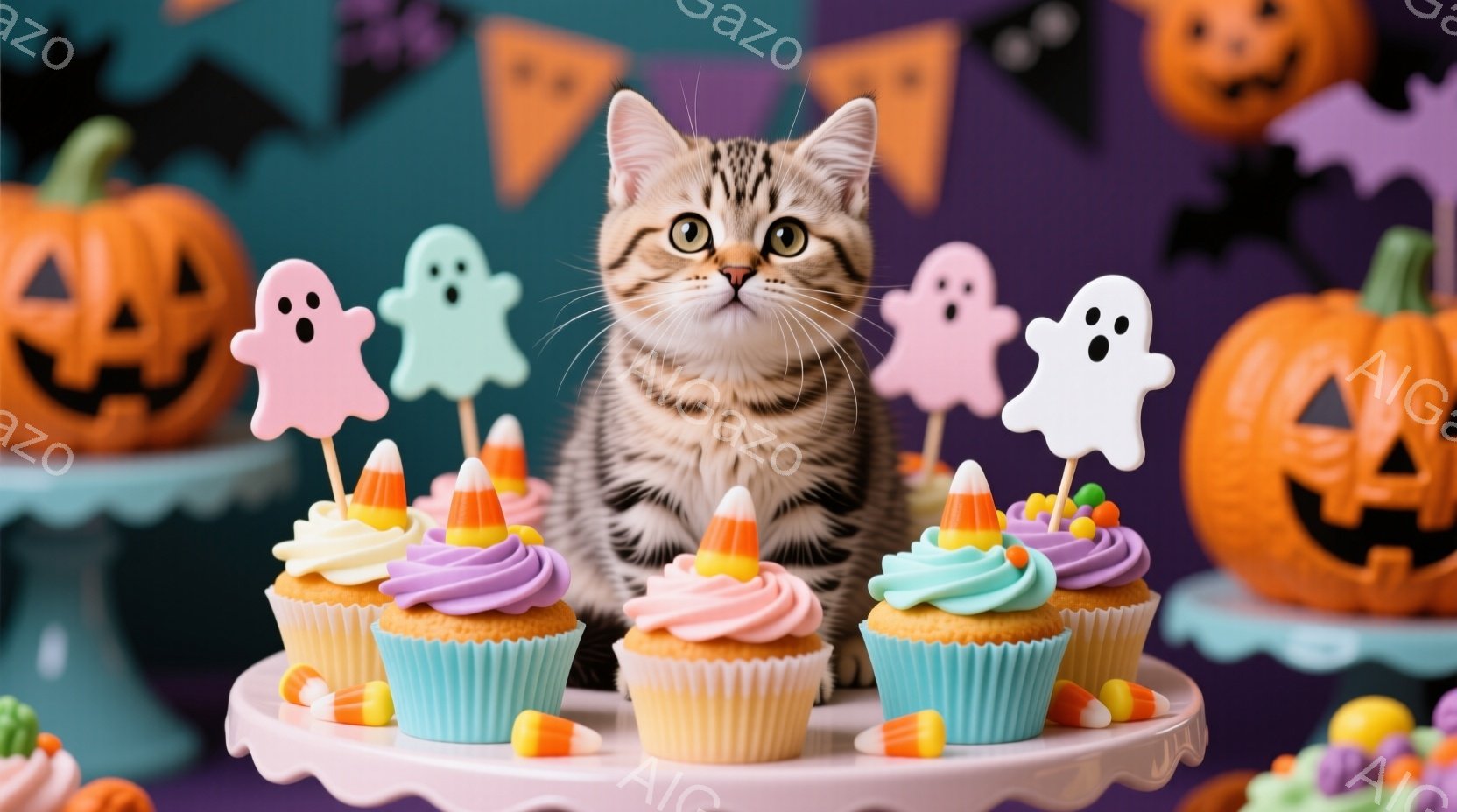 ストライプ柄の可愛い子猫が、ハロウィーンのカップケーキの前に座っています。ピンク、紫、水色のクリームが塗られたカップケーキには、キャンディコーンと幽霊の飾りが付いています。背景には、オレンジ色のジャッ - AI生成フリー素材