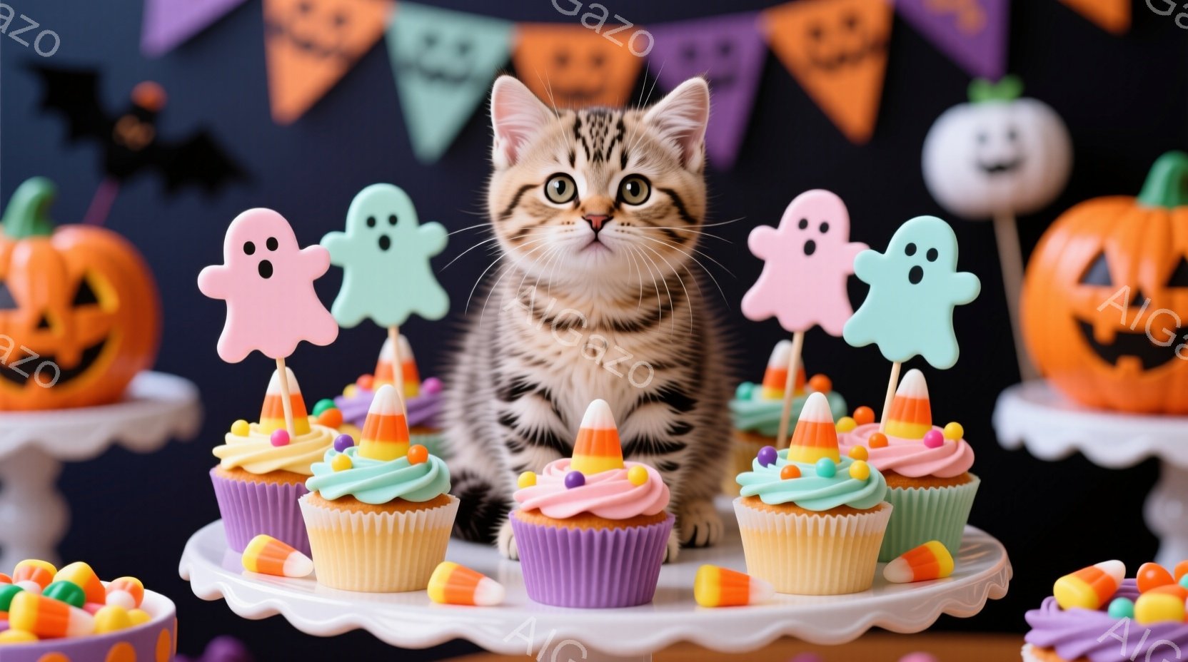 茶色の縞模様の小さな子猫が、ハロウィーンをテーマにしたカップケーキの盛り合わせの前に座っています。背景には、オレンジ色と紫色の旗、ジャック・オ・ランタン、キャンディーが飾られ、お祭り気分を盛り上げてい - AI生成フリー素材