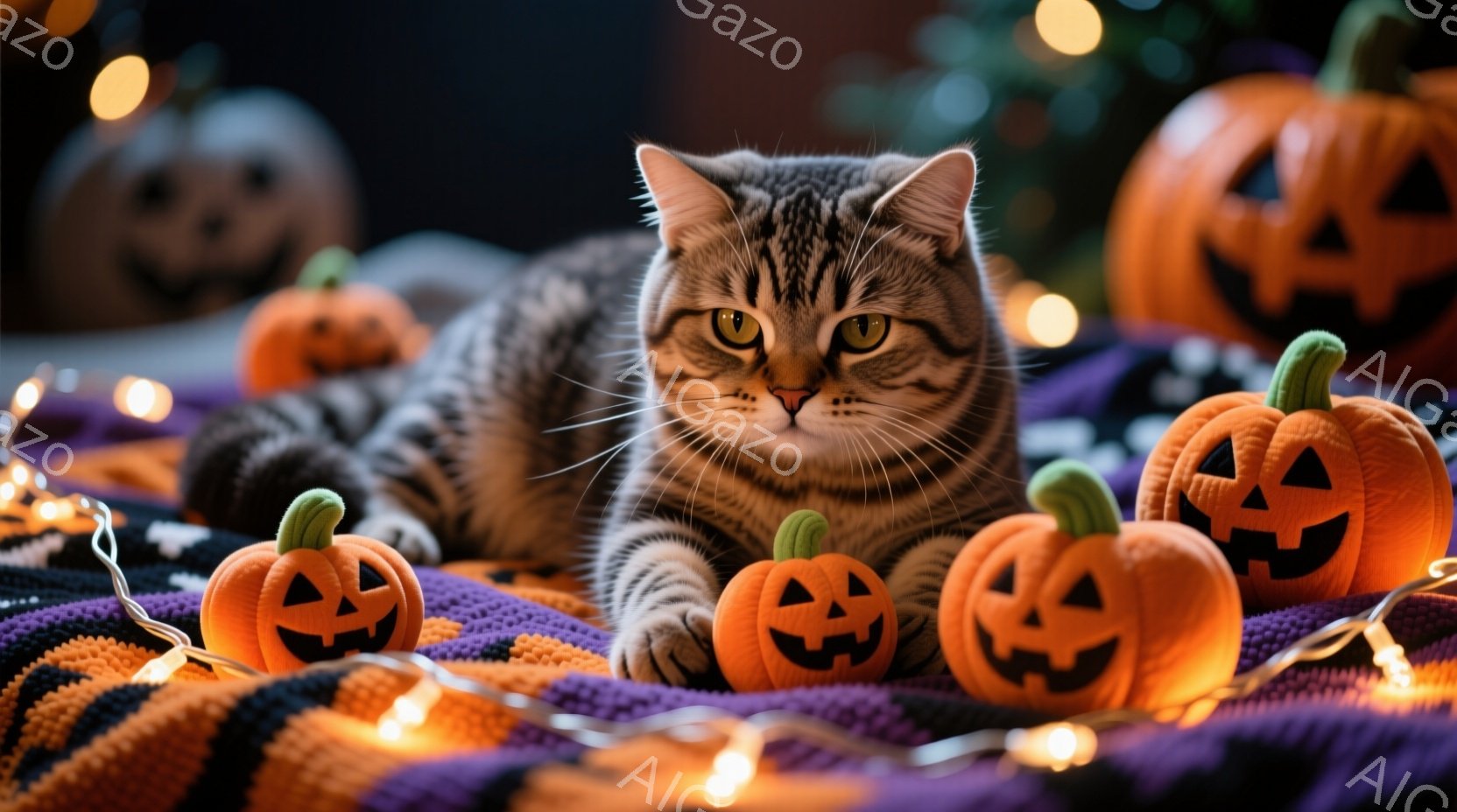 縞模様の猫が、ハロウィーンの飾りである小さなカボチャの周りに横たわっています。紫とオレンジの毛布の上にカボチャが並べられ、暖かい色のフェアリーライトが周囲を照らしています。猫は落ち着いた表情でカメラを - AI生成フリー素材