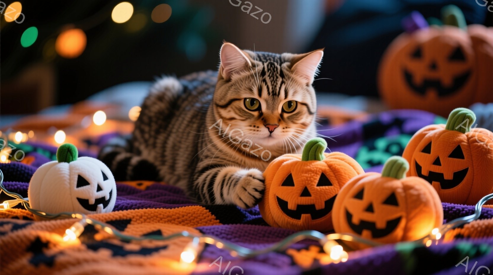 縞模様の猫が紫色の毛布の上に横たわっており、ハロウィーンの小さなカボチャの置物が周囲に散らばっています。猫は前足を伸ばしてリラックスした姿勢で、少しだけこちらを見ています。背景にはぼんやりと光るハロウ - AI生成フリー素材