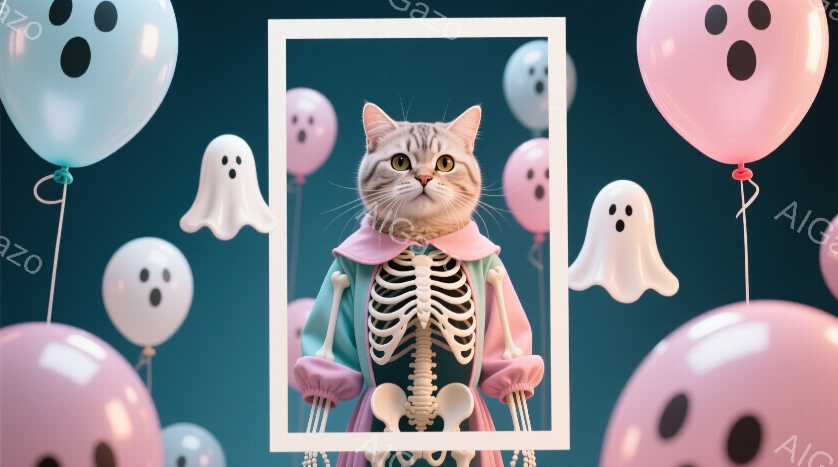 白いフレームの中に、ハロウィーンの骸骨の衣装を着た猫が立っています。猫は緑色のジャケットと白い骸骨の模様が施された服を着ており、首にはピンク色のマントを巻いています。背景はダークブルーで、ピンク色の幽 - AI生成フリー素材