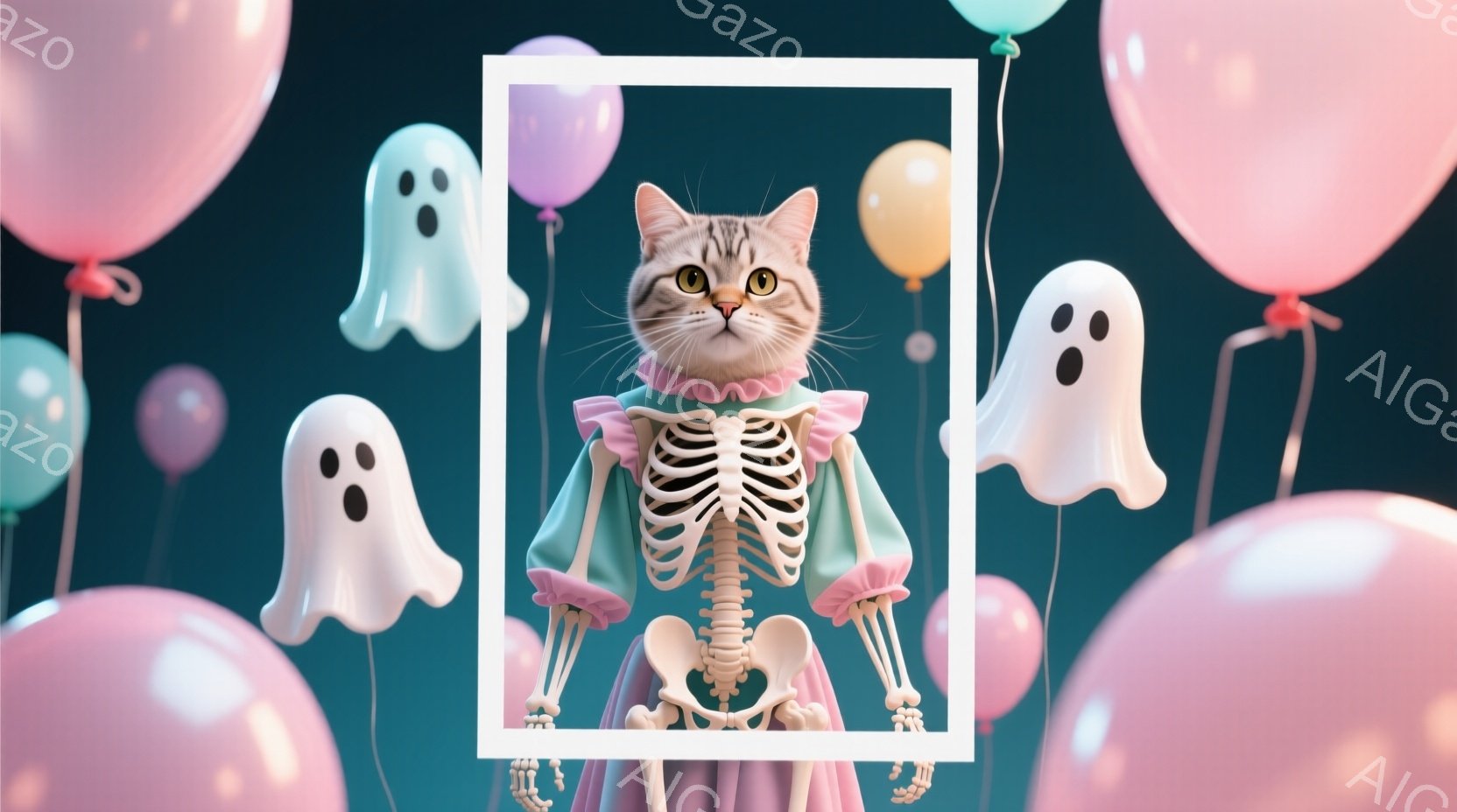 白い背景に、ハロウィーンの飾り付けが施された猫が描かれています。猫は青緑色のドレスと白い骨格のコスチュームを着ており、顔は真剣な表情で正面を見ています。背景には、ピンク、水色、薄紫色の風船や幽霊のイラ - AI生成フリー素材