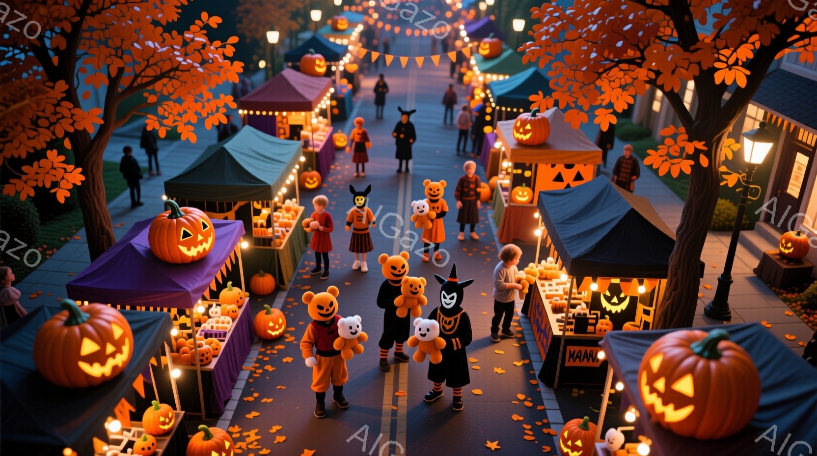 ハロウィーンの夜の賑やかな通りが描かれています。仮装した子供たちが、パンプキンやハロウィーングッズを売る屋台が並ぶ通りを歩き回っています。背景には、装飾された建物やオレンジ色の葉が茂る木々がみえ、全体的に温かく、お祭り気分に満ちた雰囲気が漂っています。