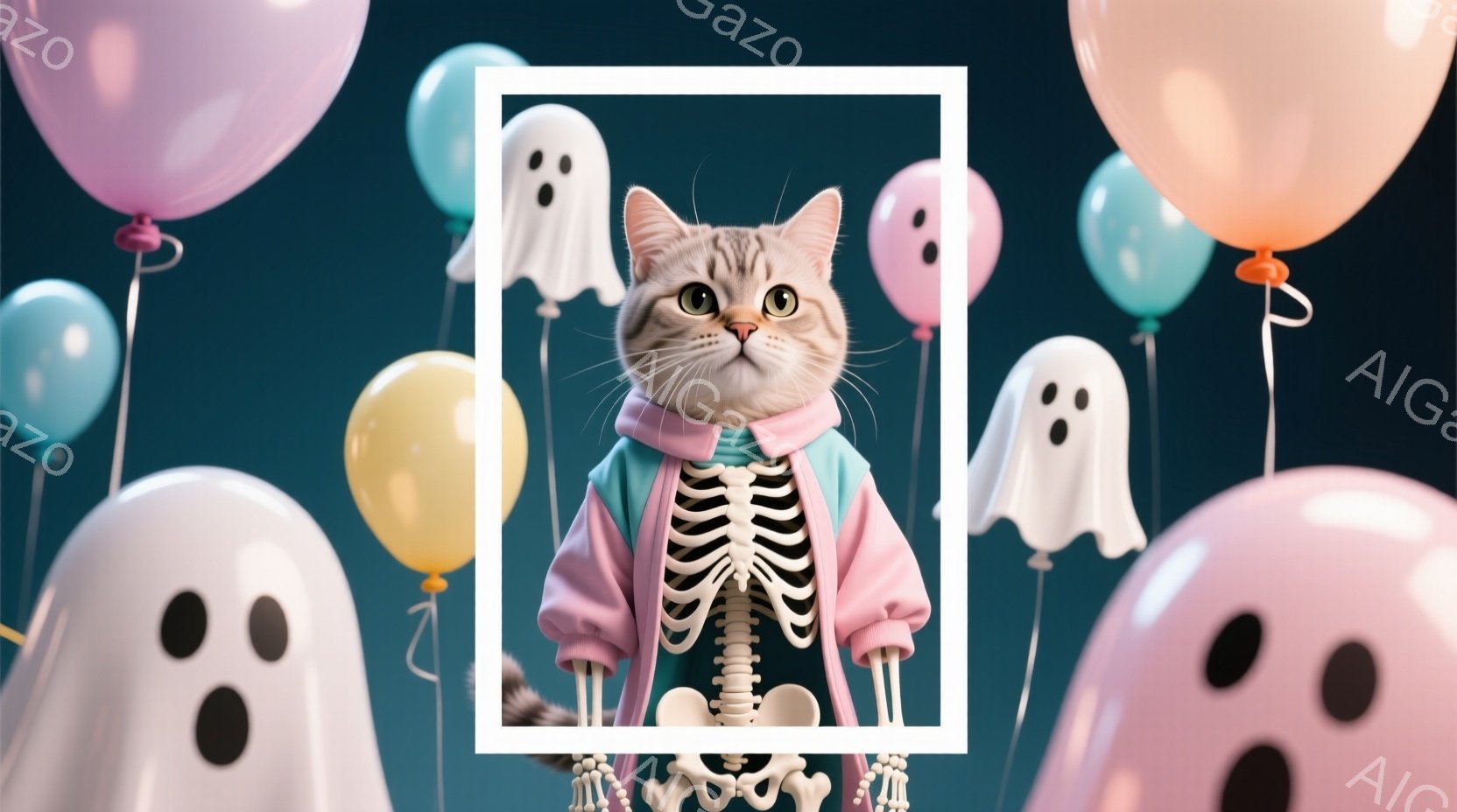 白と茶色の猫が、ピンクと水色のスケルトン柄のジャケットを着て、カメラの方を見ています。背景には、様々な色の幽霊の形をした風船が浮かび、ハロウィーンのようなお祝いの雰囲気を醸し出しています。全体的に、か - AI生成フリー素材