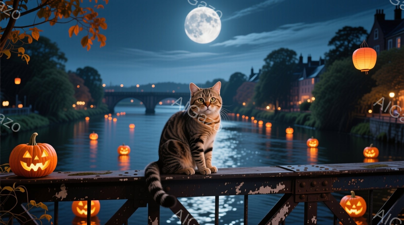 縞模様の猫が、夜の川にかかる橋の欄干に座って、こちらを見ています。川面にはたくさんのジャック・オー・ランタンが浮かび、遠景にはライトアップされた建物と木々が並び、満月が明るく照らしています。ハロウィー - AI生成フリー素材