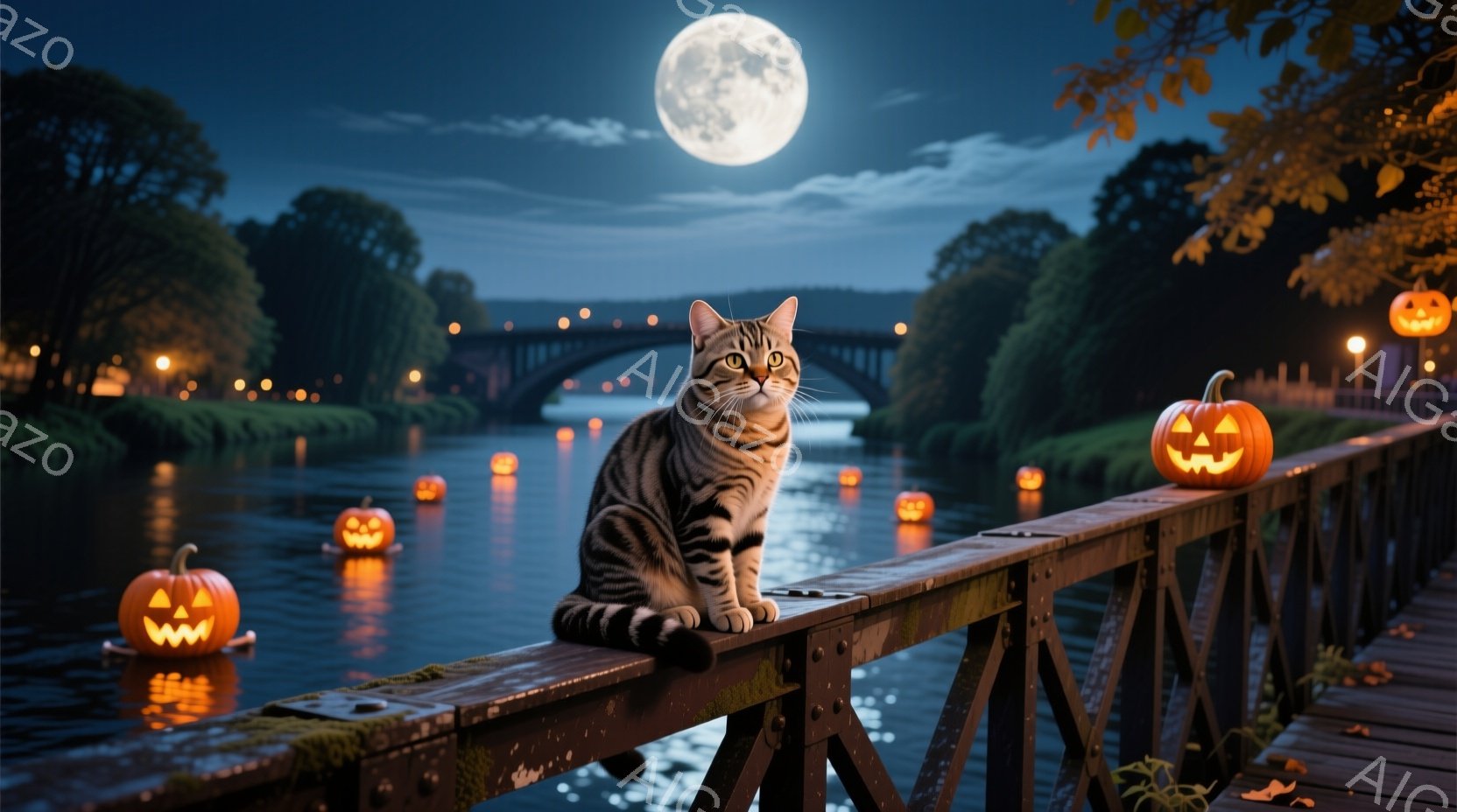 縞模様の猫が、夜の川にかかる橋の欄干に座ってこちらを見つめている。周囲には浮かぶカボチャのランタンが灯り、遠景にはアーチ状の橋と木々が見える満月の夜空が幻想的な雰囲気を醸し出している。 全体的に、ハロ - AI生成フリー素材