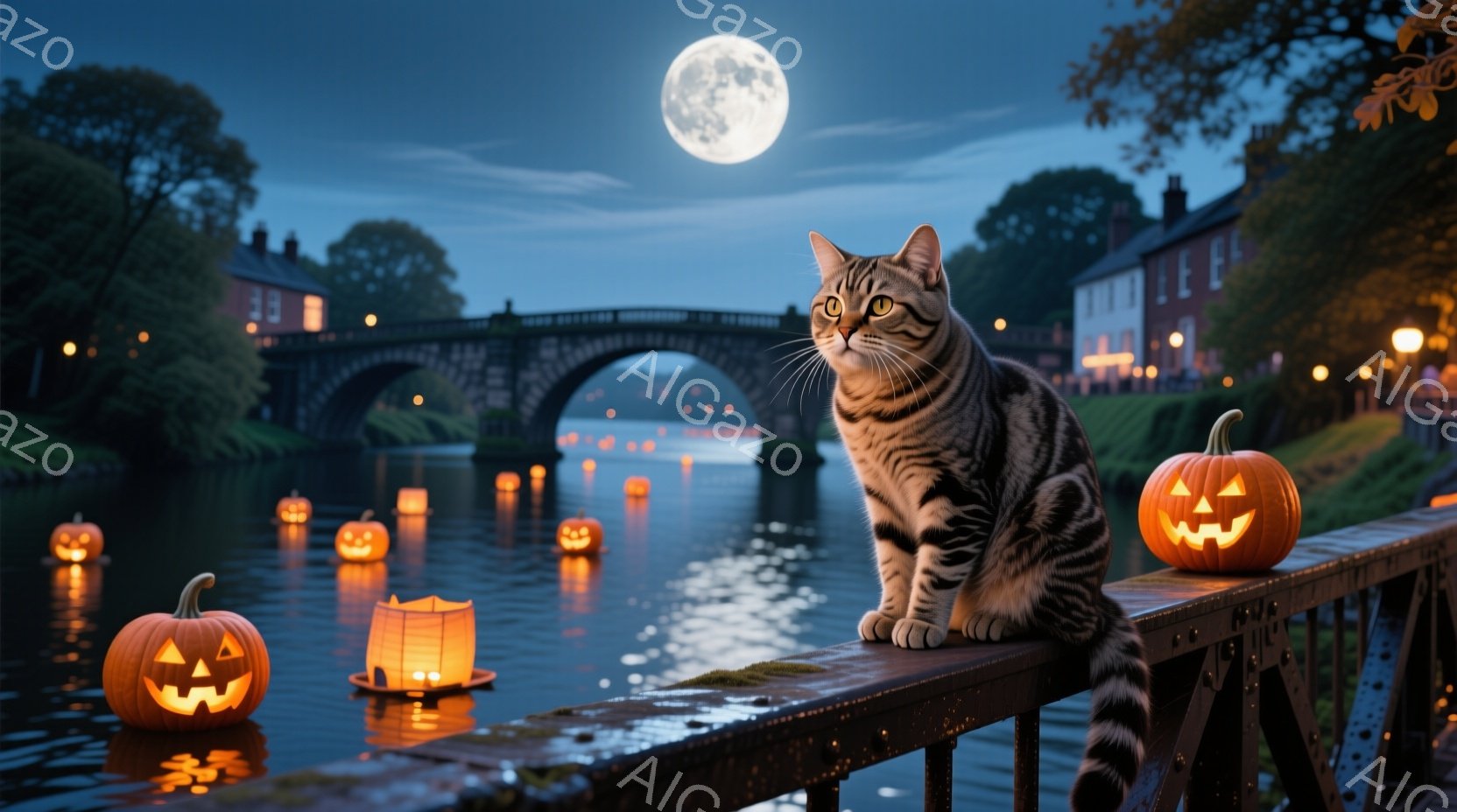 縞模様の猫が、ハロウィーンの飾りが並ぶ柵の上で座ってこちらを見つめています。背景には、ぼんやりとライトアップされたアーチ橋と、水面に浮かぶたくさんのジャック・オー・ランタンが広がっており、満月が夜空を - AI生成フリー素材