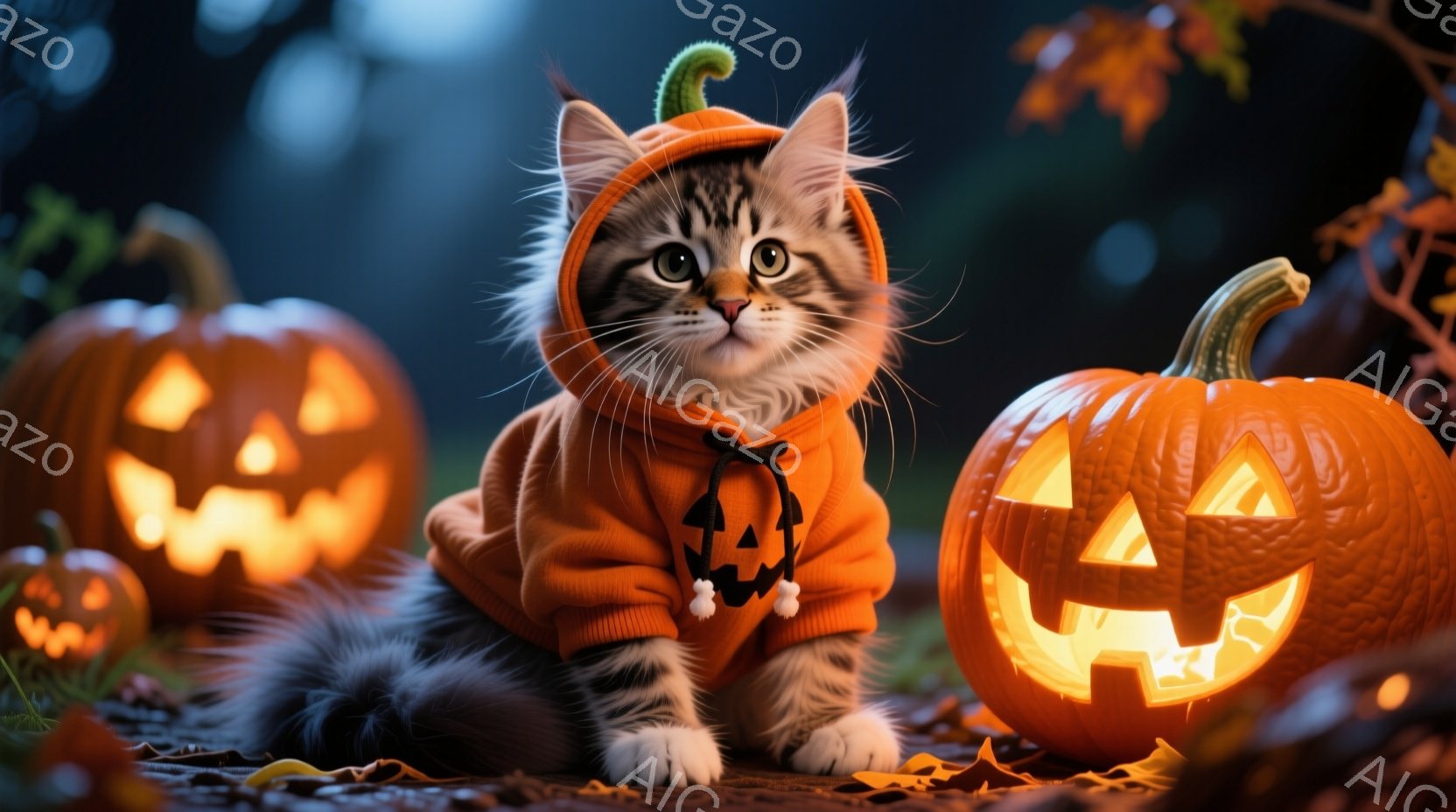 縞模様の小さな子猫が、ハロウィーン風のオレンジ色のパーカーを着ています。パーカーにはおばけの絵柄があり、子猫は正面を見ており、好奇心に満ちた表情をしています。周囲には光るジャック・オー・ランタンと落ち葉が散らばり、秋のハロウィーンの雰囲気を感じさせます。