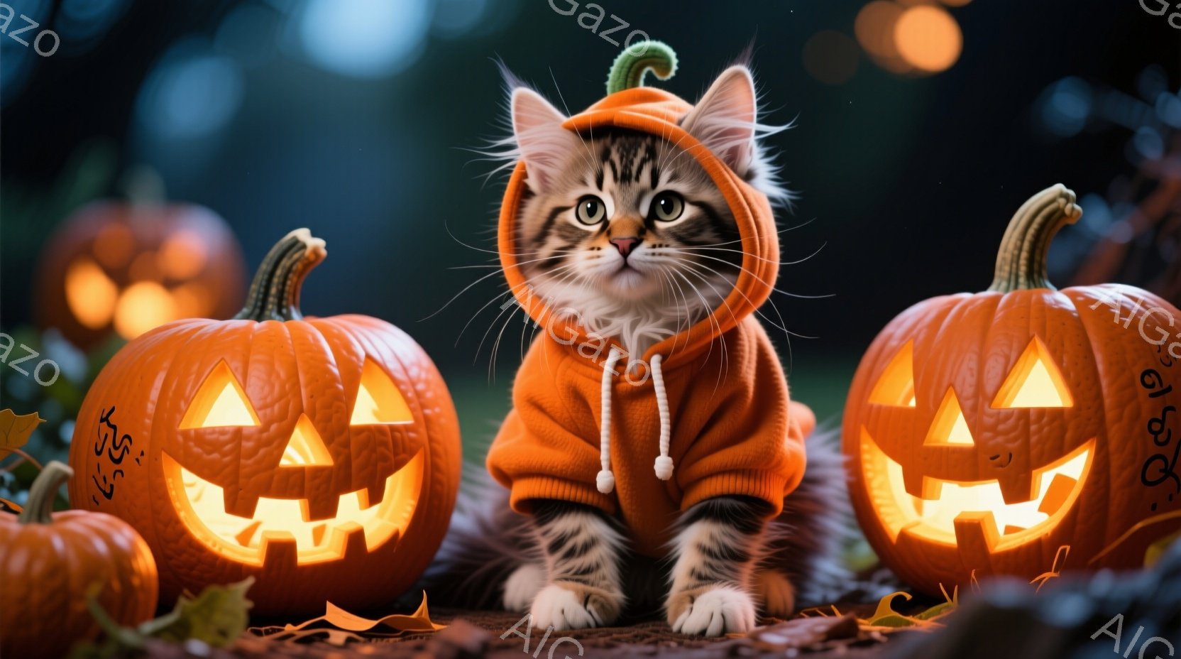 オレンジ色の背景に、彫刻が施されたハロウィーンカボチャに挟まれて、縞模様の猫がオレンジ色のパーカーを着ています。猫は正面を見据え、穏やかな表情を浮かべて座っており、その可愛らしさが際立っています。背景 - AI生成フリー素材