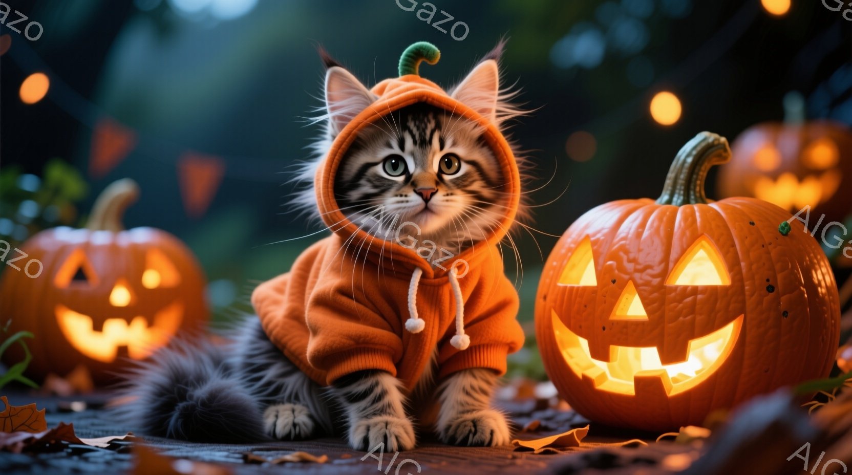 小柄な縞模様の子猫が、オレンジ色のパーカーを着て、枯れ葉の上で座っています。その表情は好奇心に満ちており、大きな瞳がレンズを見つめています。背景には、ジャック・オー・ランタンが点灯しており、ハロウィンの雰囲気の中で温かく、遊び心のあるシーンが描かれています。