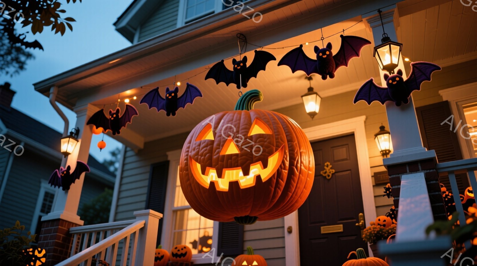 ハロウィーンの飾り付けがされた家の正面玄関が写っています。大きなジャック・オー・ランタンが中央に吊り下げられ、周囲にはコウモリの飾りと小さなカボチャが置かれています。夕暮れ時の穏やかな光が、家全体と装 - AI生成フリー素材