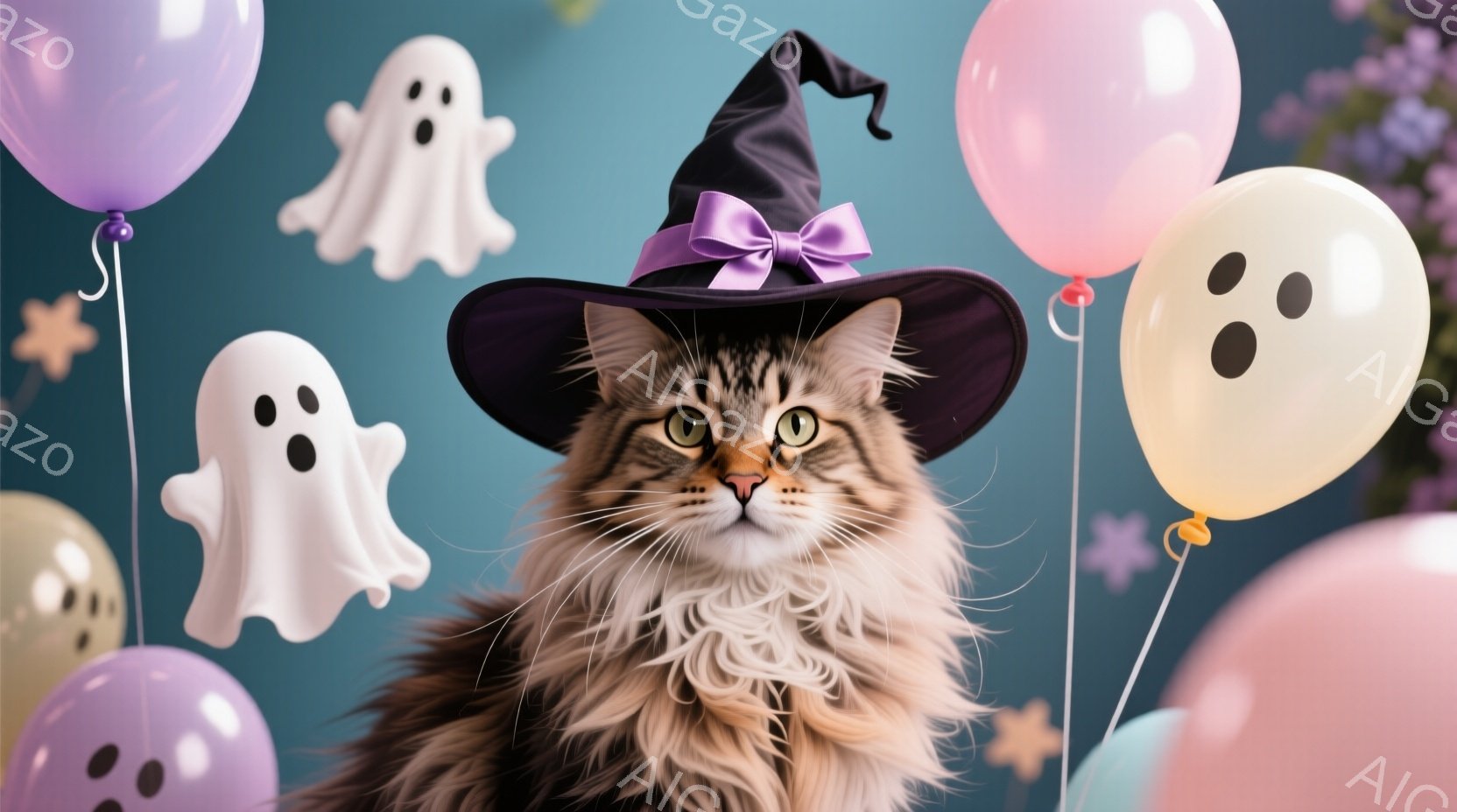 長毛の猫がハロウィーンの帽子を被って正面を見つめています。背景には、クリーム色、ラベンダー色、ピンク色の幽霊とドットが描かれた風船が浮かび、秋らしい色合いが特徴的です。全体的に、猫はリラックスした表情で、ハロウィーンの楽しい雰囲気を醸し出しています。