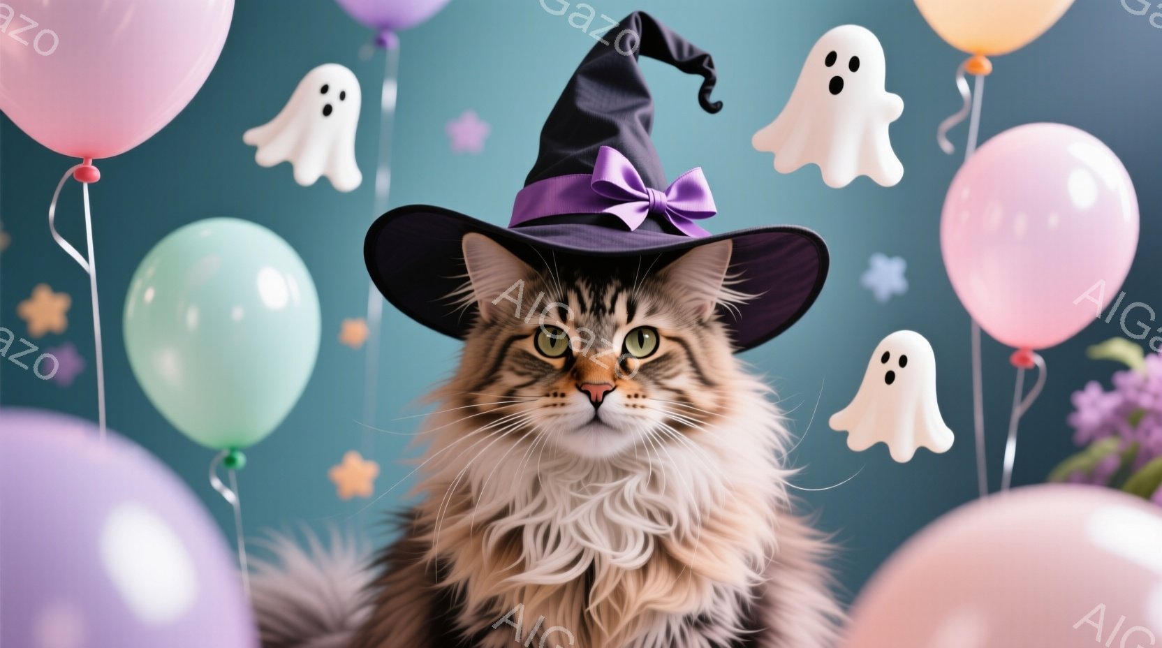 濃い茶色の縞模様の猫が、黒い魔女帽子を被って正面を見つめています。帽子のリボンは紫色で、猫の緑色の瞳が際立っています。背景は水色で、白、ピンク、緑色の風船や幽霊の飾り付けがあり、ハロウィーンの楽しい雰囲気を醸し出しています。
