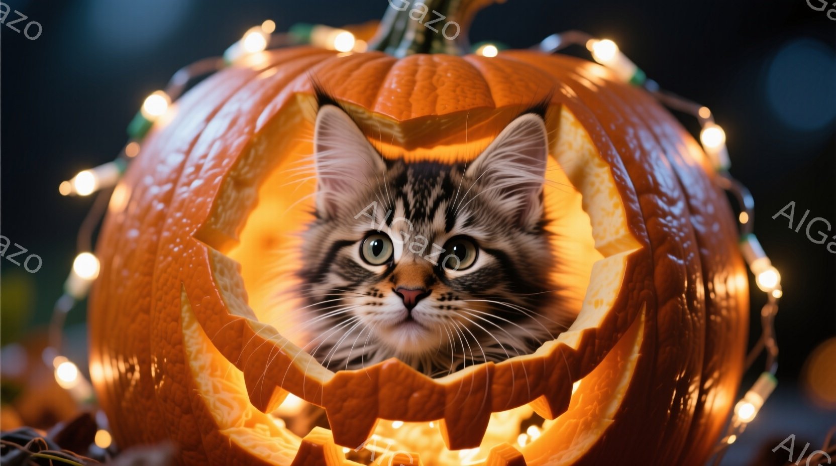 オレンジ色のジャック・オー・ランタンの中に、縞模様の茶色の猫が顔を出しています。猫は正面を見据え、好奇心と少しの警戒心を表す表情をしています。背景にはぼやけた光の連なりがあり、ハロウィーンの温かく幻想的な雰囲気を醸し出しています。