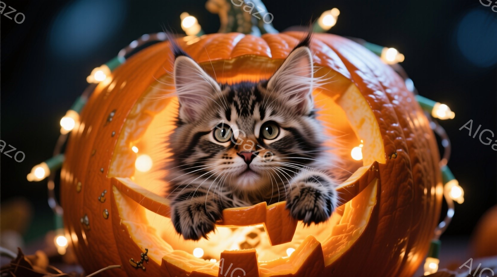 小さな縞模様の猫が、ハロウィーンのくり抜かれたカボチャの中に身を寄せている様子が写っている。猫は前足を縁に出し、好奇心と少しの戸惑いが入り混じった表情で正面を見つめている。カボチャの周りには電飾が灯り、背景は暗く、全体的に暖かく、遊び心のある雰囲気を醸し出している。