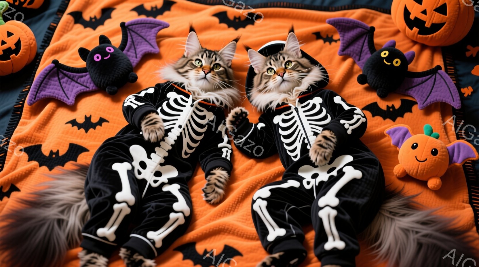 オレンジ色の背景に、骸骨の衣装を着た2匹の猫が横たわっています。片方の猫は少し足を伸ばし、もう片方の猫は足を曲げてリラックスした様子で、どちらも可愛らしい表情をしています。背景にはハロウィンの飾り、例えばカボチャやコウモリのぬいぐるみが散りばめられており、お祝いムードを演出しています。