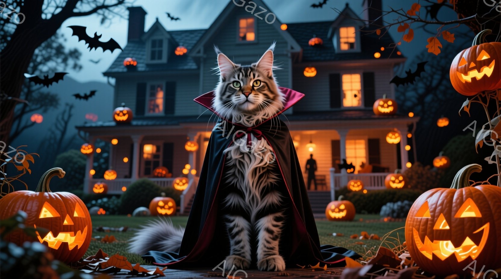 灰色の毛並みの猫が、黒いマントを羽織って正面を見据えています。背景には、多数のジャック・オ・ランタンで飾られた大きな家がハロウィーンの夜に浮かび上がり、落葉が散りばめられた庭は薄暗い光に包まれています。全体的に、少し不気味でありながらも楽しいハロウィーンの雰囲気を醸し出しています。
