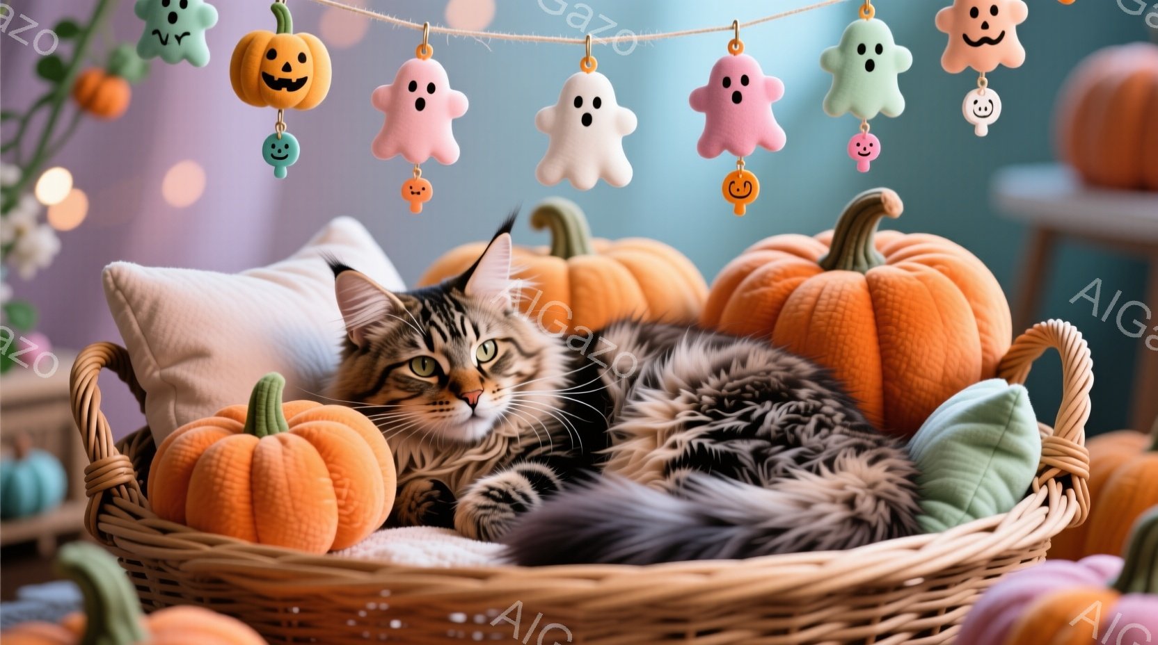 籠の中に茶色のしま模様の猫が丸まって眠っています。周りにはオレンジ色のカボチャや緑色のカボチャが置かれ、上には可愛らしいお化けの飾り付けがぶら下がっています。暖かく、穏やかな秋の雰囲気を感じさせる写真 - AI生成フリー素材