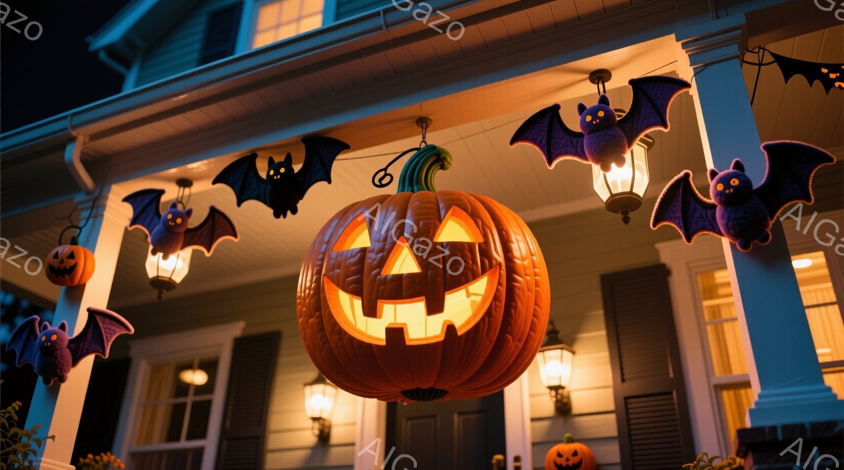 ハロウィーンの装飾が施された家の玄関先です。大きなジャック・オー・ランタンが吊り下げられ、周りには切り抜かれたコウモリが飛び交うように配置されています。家の外壁は青色で、夜間の照明が温かい雰囲気を作り出しています。
