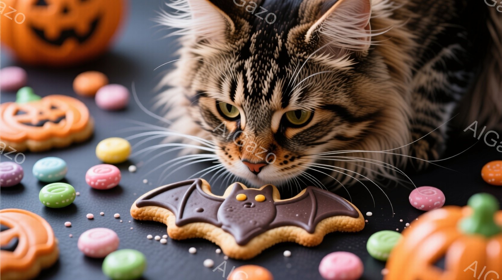 長毛の猫が、ハロウィーンをテーマにしたクッキーに鼻を近づけている写真です。背景には、カボチャの形をしたクッキーやカラフルなキャンディが散りばめられており、ハロウィーンの雰囲気を盛り上げています。猫の表 - AI生成フリー素材