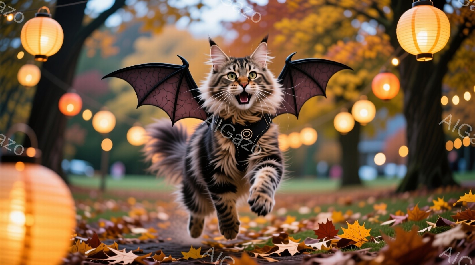 縞模様の猫が、まるで空を飛んでいるかのように、翼を広げて走り出しています。背景には、オレンジ色のランタンやカボチャが散りばめられ、落ち葉で覆われた道が秋の雰囲気を醸し出しています。全体的に、ハロウィー - AI生成フリー素材