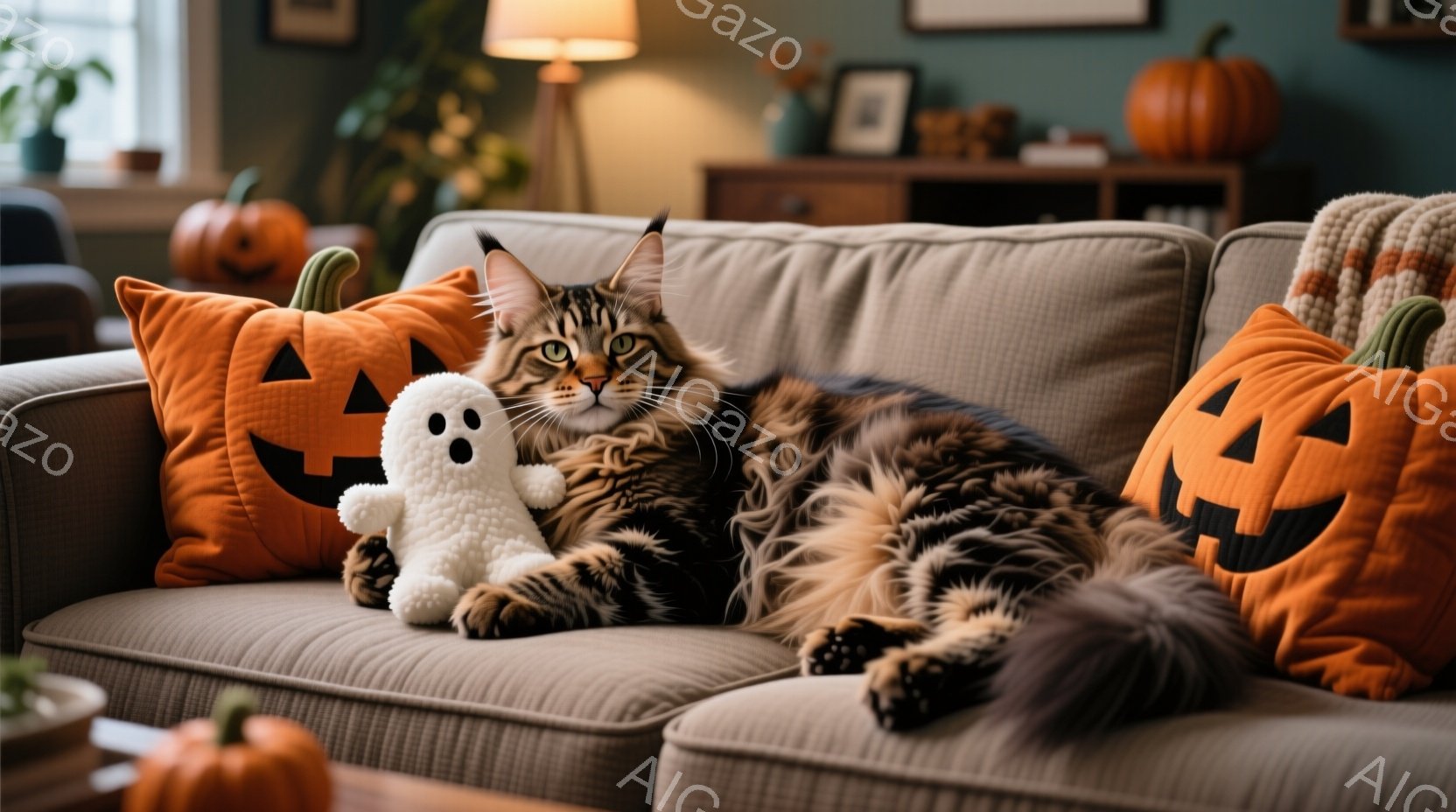 長い毛並みの茶トラ猫が、ハロウィーン風のオレンジ色のカボチャ柄クッションに挟まれてソファに横たわっています。猫はリラックスした表情で、小さな白いお化けのぬいぐるみを抱きしめています。背景には、ハロウィ - AI生成フリー素材