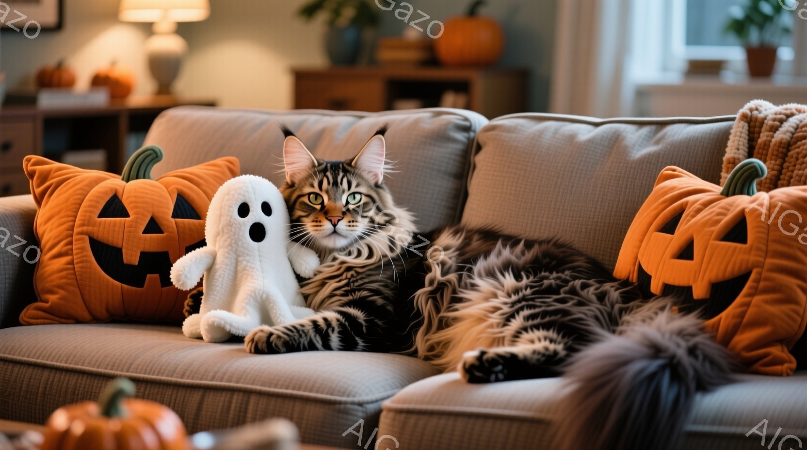 ソファの上で、縞模様の大きな猫がリラックスして横たわっています。猫は白いお化けのぬいぐるみに寄り添い、周囲にはハロウィーン風のジャック・オー・ランタンのクッションが置かれています。背景には木製の棚と、 - AI生成フリー素材