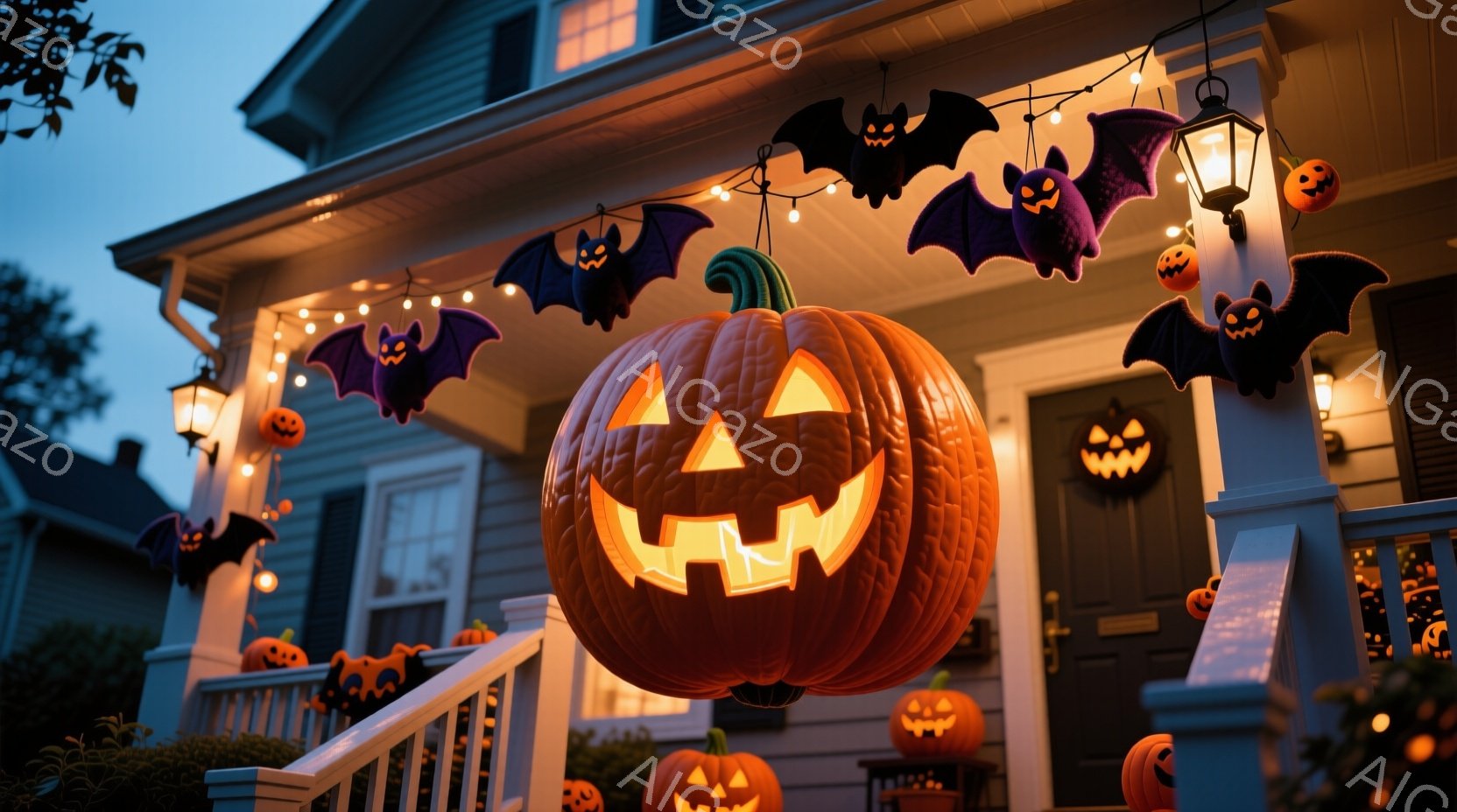 ハロウィーンの装飾が施された家の正面玄関が写っています。オレンジ色のジャック・オ・ランタンがいくつか配置され、黒いコウモリの飾りとオレンジ色の小さなランタンが、家全体を飾り付けています。薄暗い夕暮れ時 - AI生成フリー素材