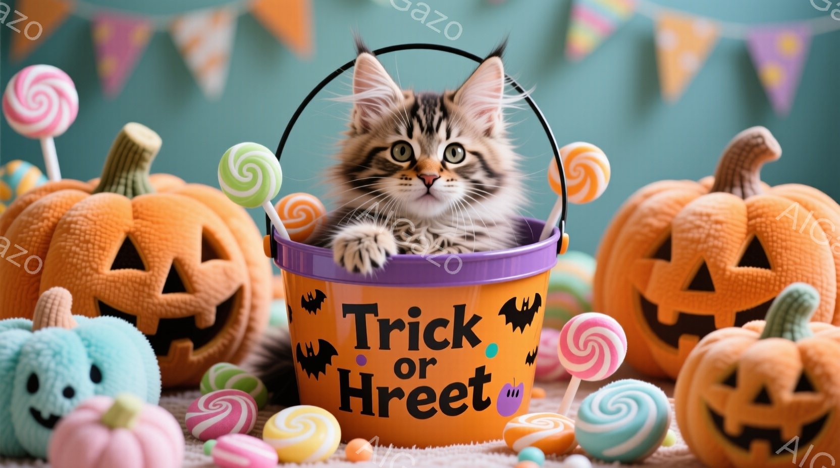 ハロウィーンをテーマにした写真で、オレンジ色と紫色のカボチャやキャンディーに囲まれた小さな子猫が紫色の「トリック・オア・トリート」と書かれたバケツの中に座っています。子猫は縞模様で大きな目をしており、好奇心旺盛な表情でバケツの外を見つめています。背景は明るい色調で、お祝いの雰囲気があり、ハロウィーンの季節を象徴しています。