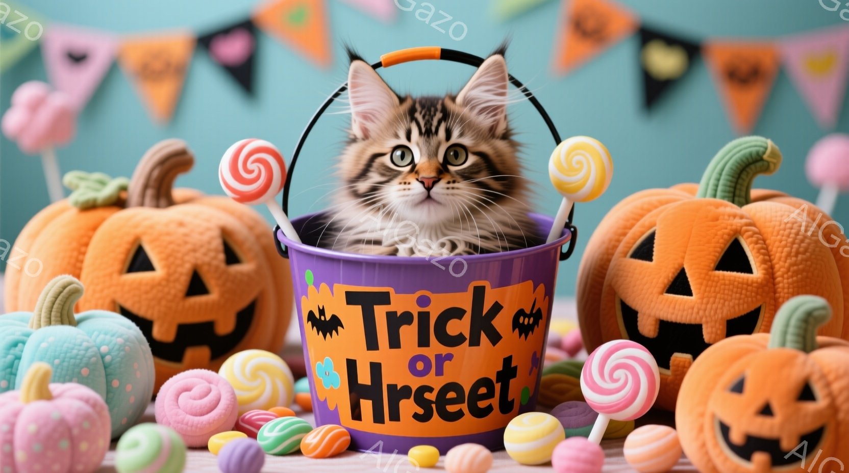 紫色の「トリック・オア・トリート」と書かれたバケツの中に、縞模様の小さな子猫が可愛らしく座っています。周りにはオレンジ色のジャック・オー・ランタンと色とりどりのキャンディやロリポップが散りばめられ、ハ - AI生成フリー素材