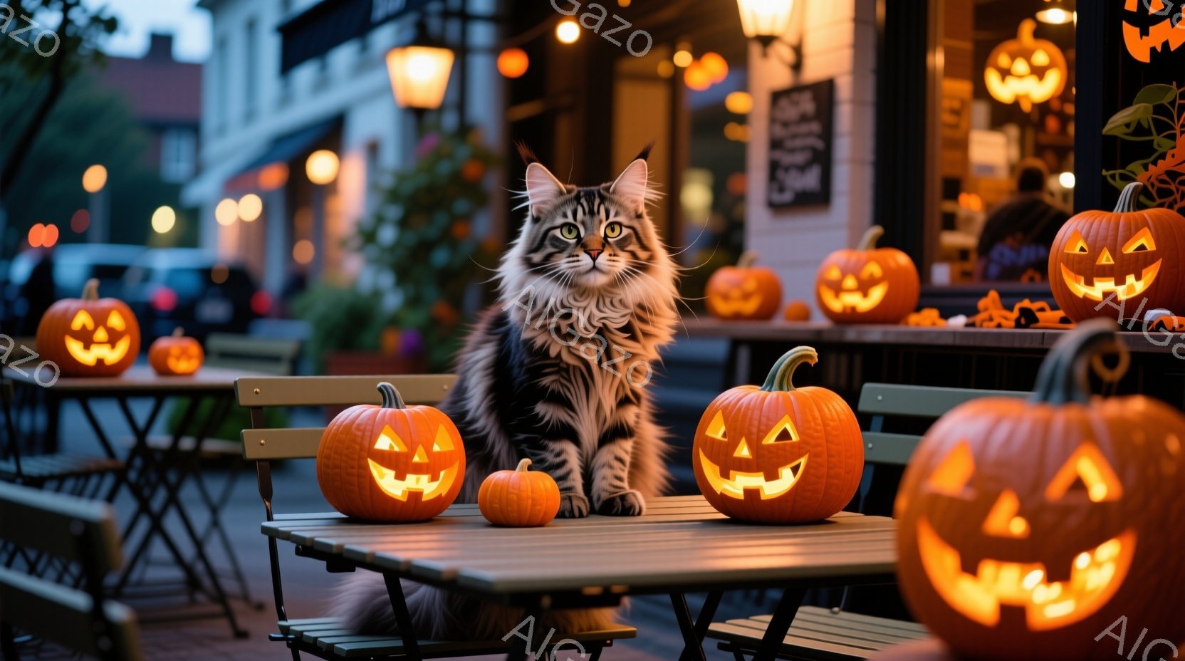 長毛の灰色の猫が、ハロウィーンのランタンで飾られた屋外カフェのテーブルに座っています。ランタンは鮮やかなオレンジ色に光り、猫の周りを照らし出しています。背景にはぼやけた建物と植物があり、暖かい光がハロ - AI生成フリー素材