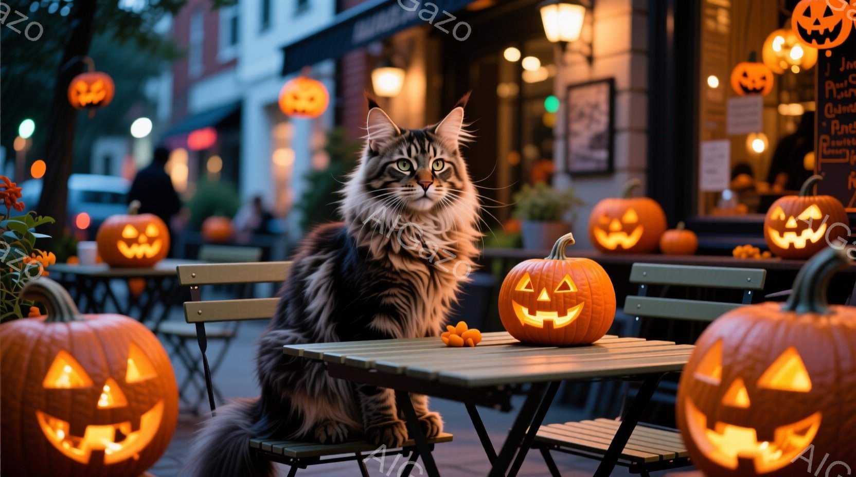 長毛の縞模様の猫が、ハロウィーンの装飾が施された屋外のカフェのテーブルに座っています。周囲には、明るく照らされたジャック・オー・ランタンがいくつか配置され、温かい光が猫を照らしています。背景には、ぼや - AI生成フリー素材