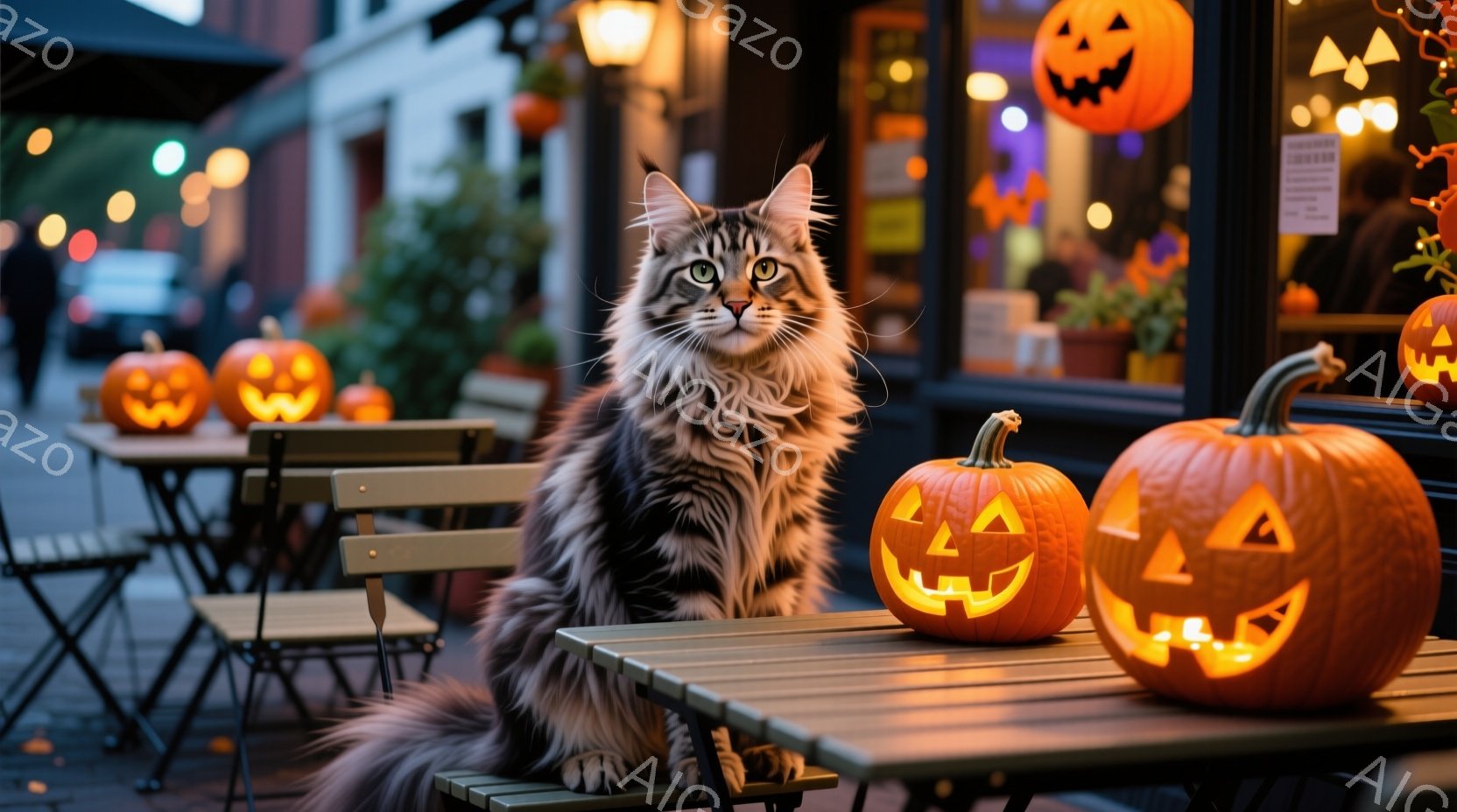 長毛の灰色の猫が屋外のカフェのテーブルに座って、正面を見つめています。背景には、ハロウィーンのランタンが飾られた建物やテーブルがあり、暖かく幻想的な雰囲気を醸し出しています。夜の街並みで、ハロウィーン - AI生成フリー素材