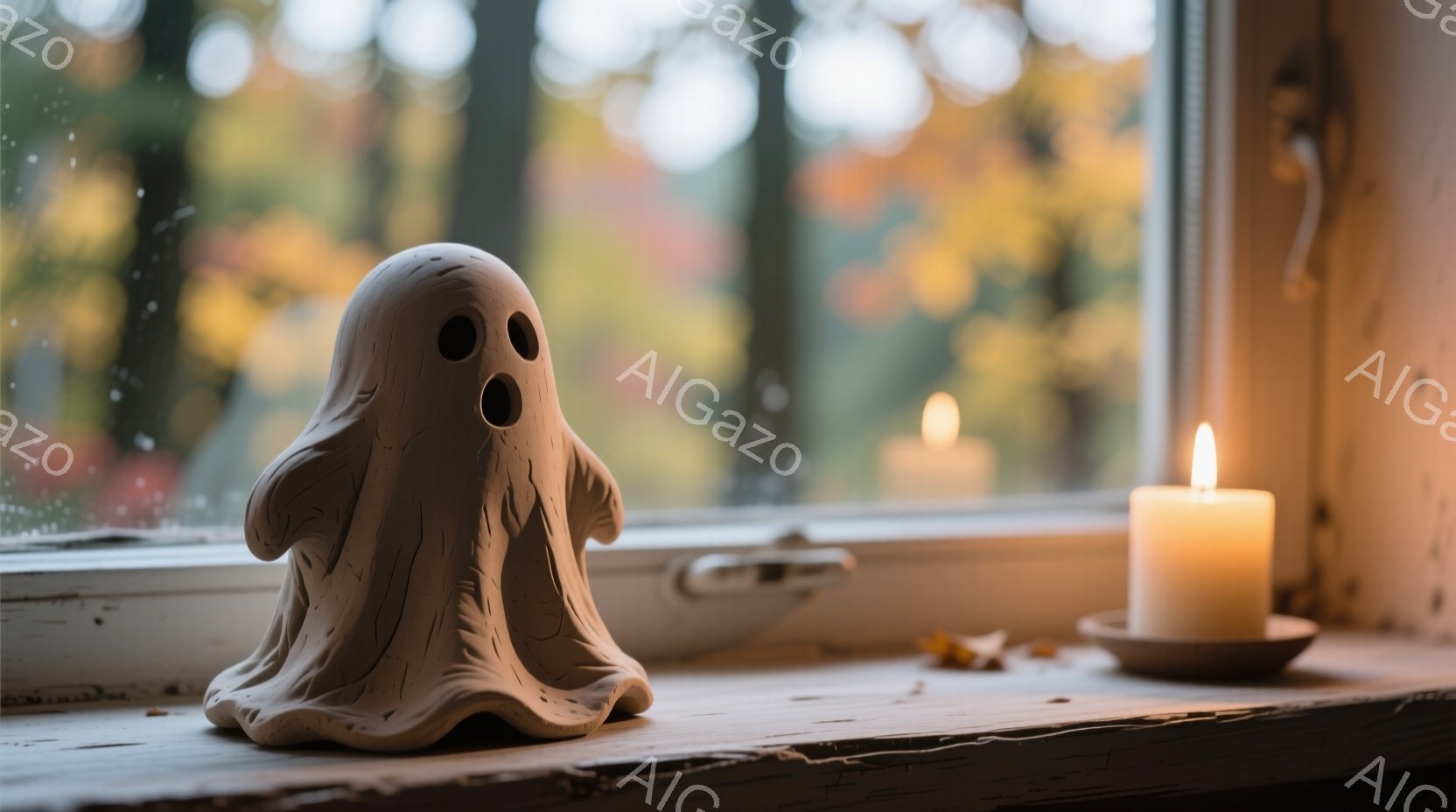 白い窓辺に、可愛らしいお化けの置物がちょこんと座っています。背景には秋の紅葉が広がる木々が見え、温かい光を放つキャンドルが置かれています。全体的に穏やかで、どこか懐かしい、秋らしい雰囲気が漂っています - AI生成フリー素材