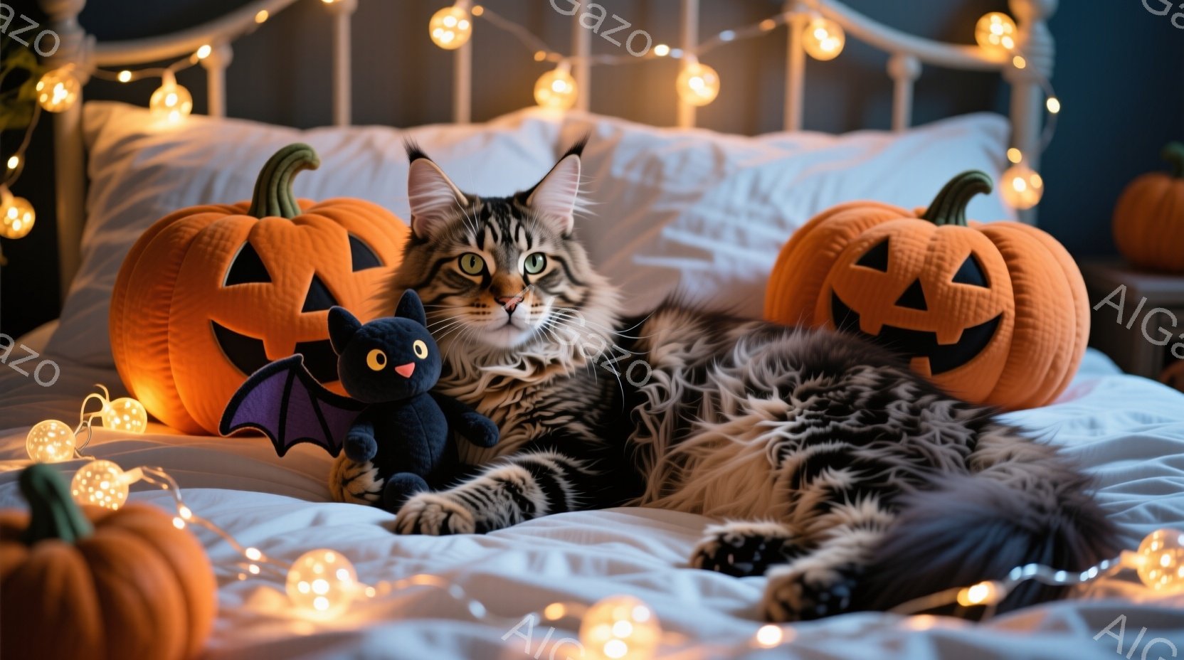 長毛の縞模様の猫がベッドに横たわり、ハロウィーンの飾りであるジャック・オー・ランタンとコウモリのぬいぐるみと一緒にリラックスしています。ベッドは白く、背景にはオレンジ色の光が灯ったハロウィーンのイルミネーションが飾られています。全体的に暖かく、秋らしい雰囲気が漂う、居心地の良いハロウィーンのシーンです。