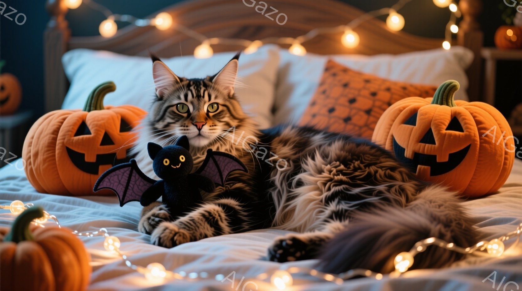 長毛の縞模様の猫が白いベッドの上に横たわり、ハロウィーンの装飾に囲まれています。黒いコウモリのぬいぐるみと、ジャック・オー・ランタンの形をしたオレンジ色のパンプキンが猫の周りに配置され、ベッドは暖かい - AI生成フリー素材