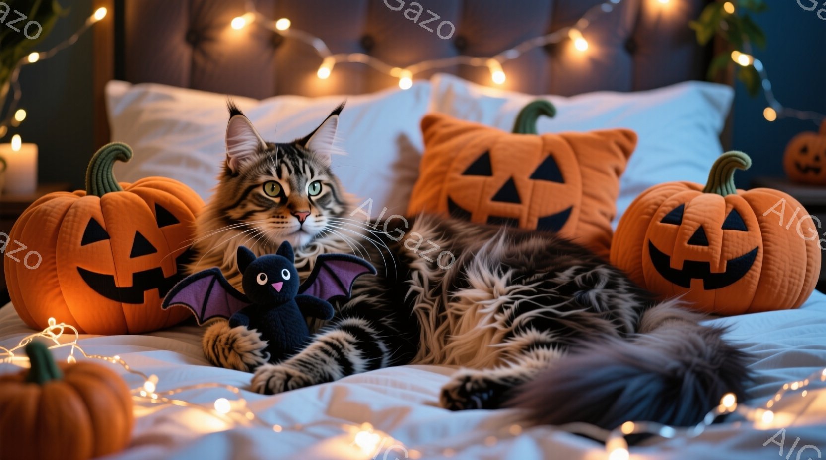長毛の縞模様の猫がベッドに横たわり、ハロウィーンのテーマで飾られた空間でくつろいでいます。周りには、ジャック・オー・ランタンの形をしたオレンジ色の枕と、小さなコウモリのぬいぐるみが置かれています。暖色 - AI生成フリー素材