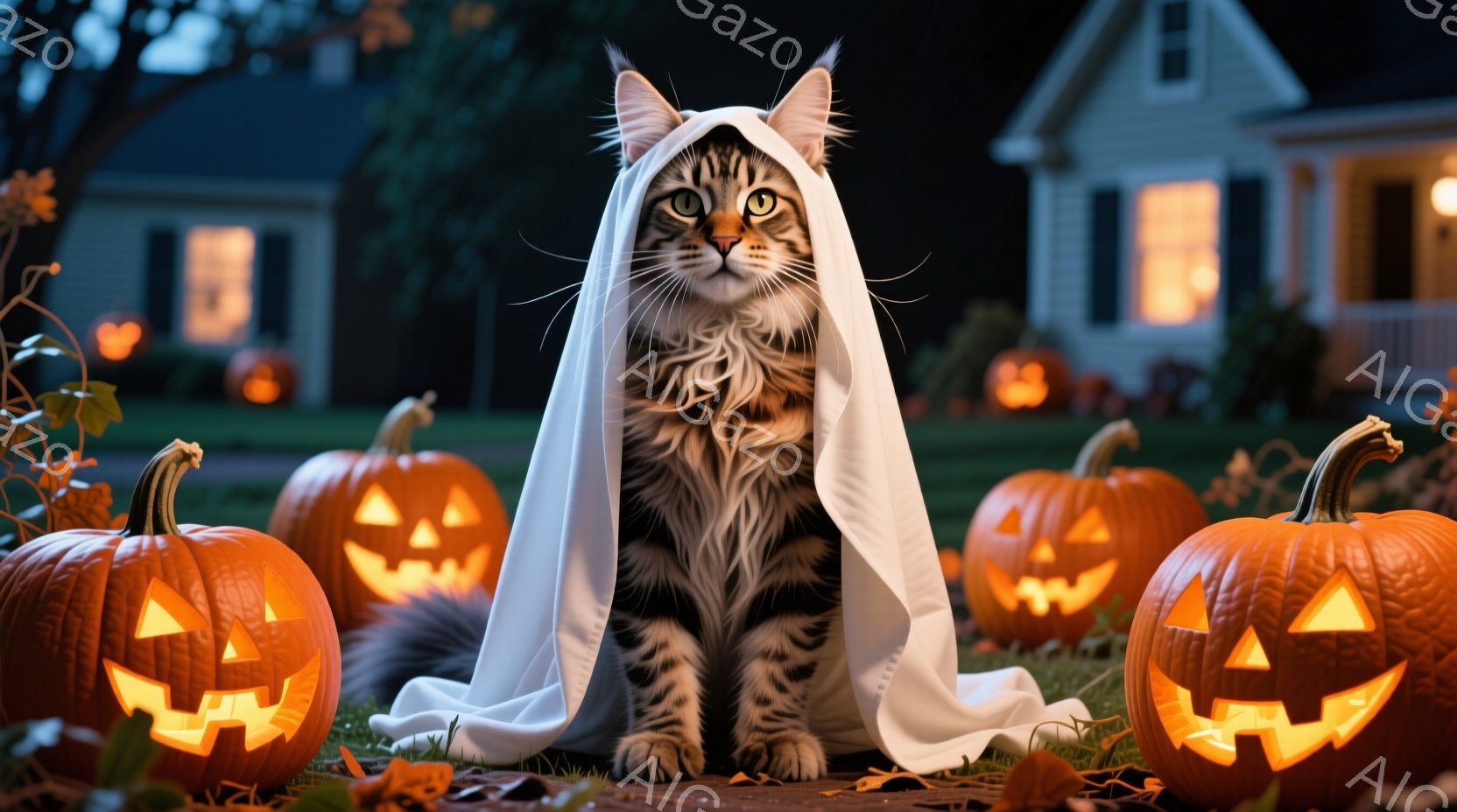 茶色の縞模様の猫が白い布をまとい、正面を見つめて座っています。猫の周りには、顔が彫刻されたオレンジ色のカボチャがいくつか配置され、背景にはライトが点灯した家が見えます。全体的にハロウィーンの夜の暖かく - AI生成フリー素材