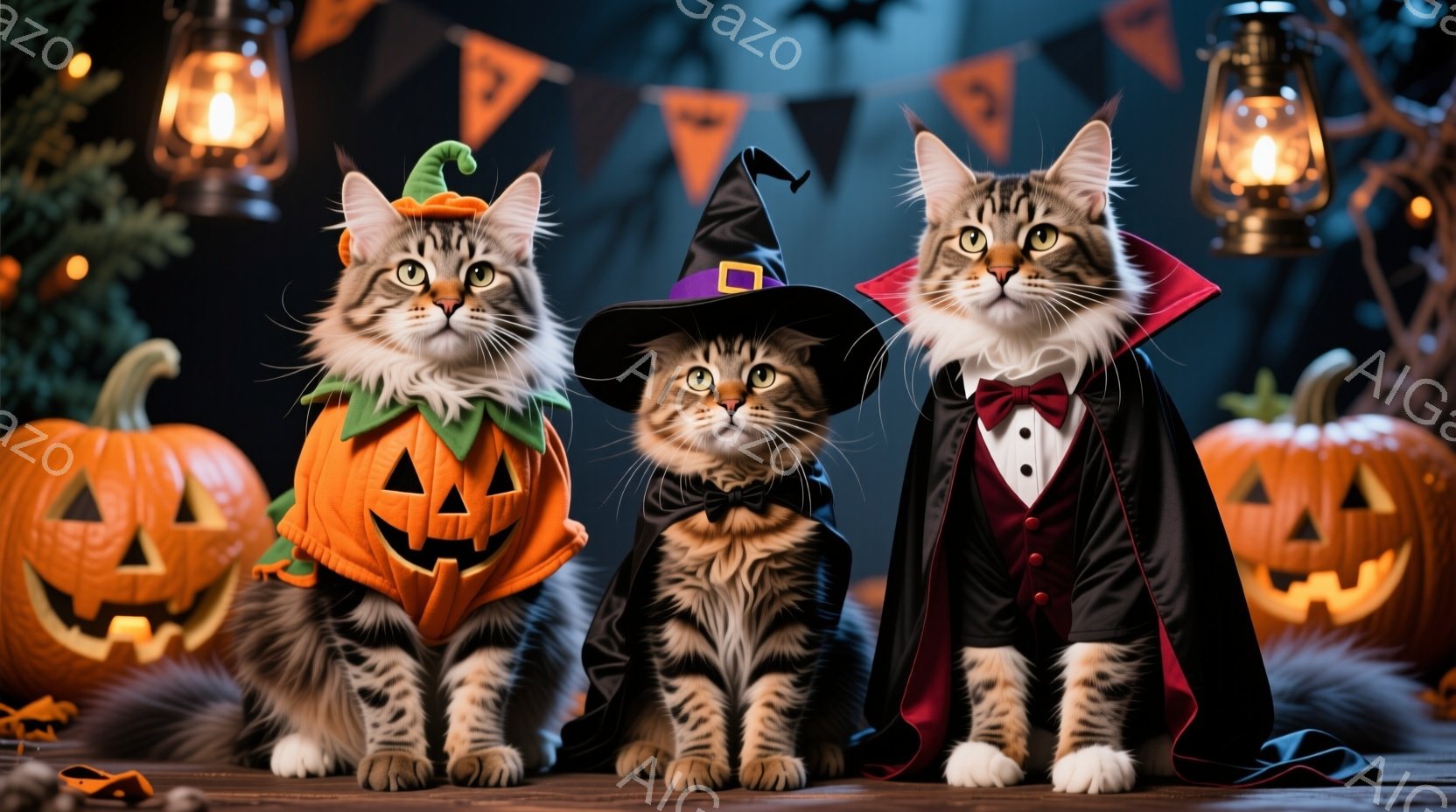 三匹の猫がハロウィーンの衣装を着て、木製のテーブルの上に座っています。左の猫はカボチャの衣装、中央の猫は魔女の帽子、右の猫はドラキュラの衣装を着ており、それぞれ少し異なる表情をしています。背景には、ハロウィーンの飾り付けやジャック・オ・ランタン、そして暗い雰囲気の室内が広がっており、お祝いの雰囲気を醸し出しています。